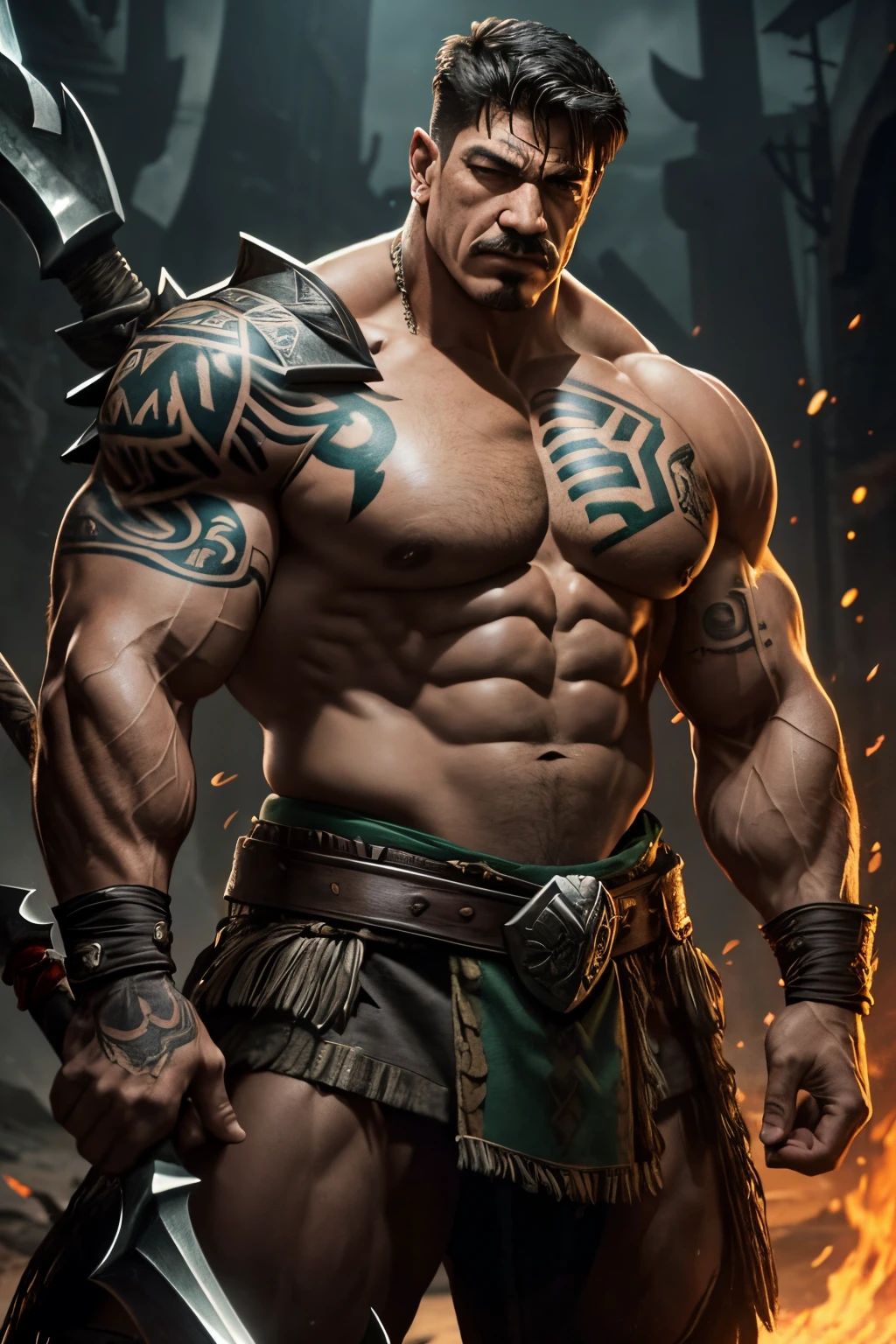 ((Eddie Guerrero)), Full body portrait of Drakar the Ironshaft, a towering and muscular half-orc warrior. He stands at 6'6" with greenish-gray skin covered in ritualistic tribal tattoos that display his heritage. Drakar has a bald, tattooed head and intense amber eyes. He wears durable leather and bone armor that reveal his muscular frame. His weapons include a massive battleaxe and other implements of warfare hanging from his armor. One hand rests on the hilt of his sheathed greatsword while the other hangs loose at his side. Drakar has an imposing presence, with a square jawline, tusk-like fangs, and a hulking physique rippling with muscles and scarred from countless battles. Capture his disciplined and loyal nature as he scans the environment for any threats to those under his protection. (towering height:1.1), (prominent muscles:1.05), (intricate tattoos:1.05), (massive battleaxe:1.05), (imposing presence:1.1)