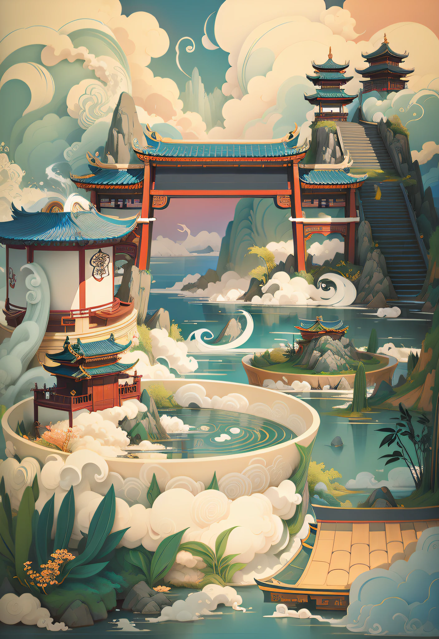 ((tmasterpiece)), ((the good)), ((high detal)), ((actual)), baiyun, Blue Lagoon, the face, bowl, doors, stone staircase leading to mountain, pylons, wine altars, florals, Bamboo and bamboo leaves, Chinese landscape, ancient buildings, Chinese architecture, Chinese traditional trend style, illustratio, soft style, fantasy atmosphere, bose theory, real technology, Detailed brush techniques, milk rich, zen aesthetic, Illustration poster design, Graphic design, Beautiful ancient Chinese architecture, ​​clouds, blossoms, Eau, flowing, Abstract illustration, rim-light, dream, fanciful, Vector line drawing, Surreal