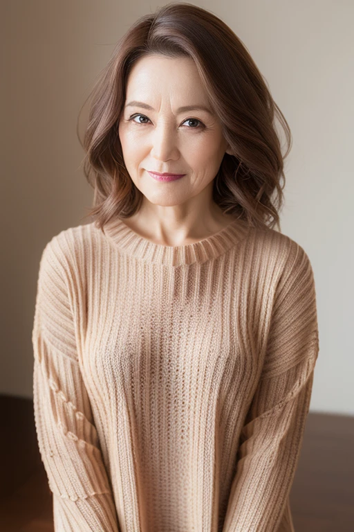 masutepiece,Best Quality, (Mature woman alone), ((Portrait:1.5)), ((Look down, Looking at the viewer)), makeup, (((Tunic sweater))),skirt by the, Wavy Hair, ((Seduction expression, Smile:0.3)),