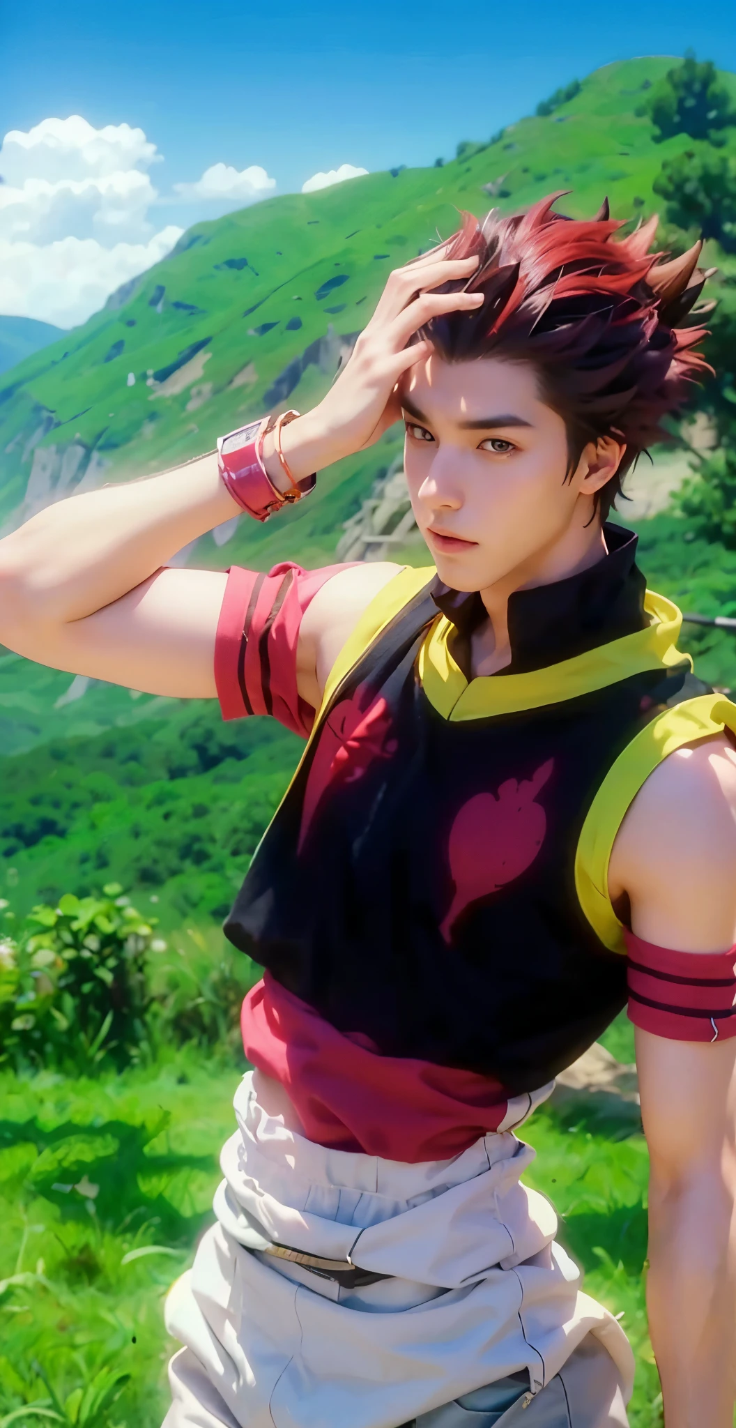 Real life adaption of this character , handsome boy , realistic same spiky hair , (realistic same outfit),realistic scenery background , realistic light, realistic shadow, realism, hyper realistic,(photorealistic:1.2), normal small eyes,