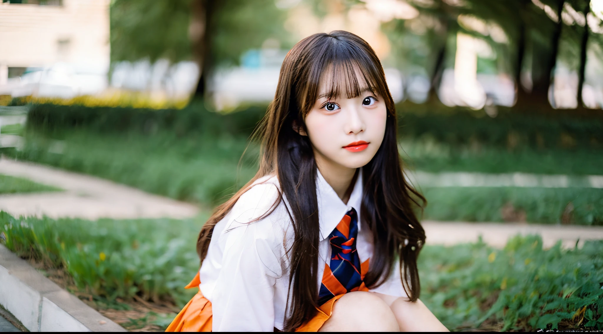 High school girl, 18 years old, wearing an orange miniskirt