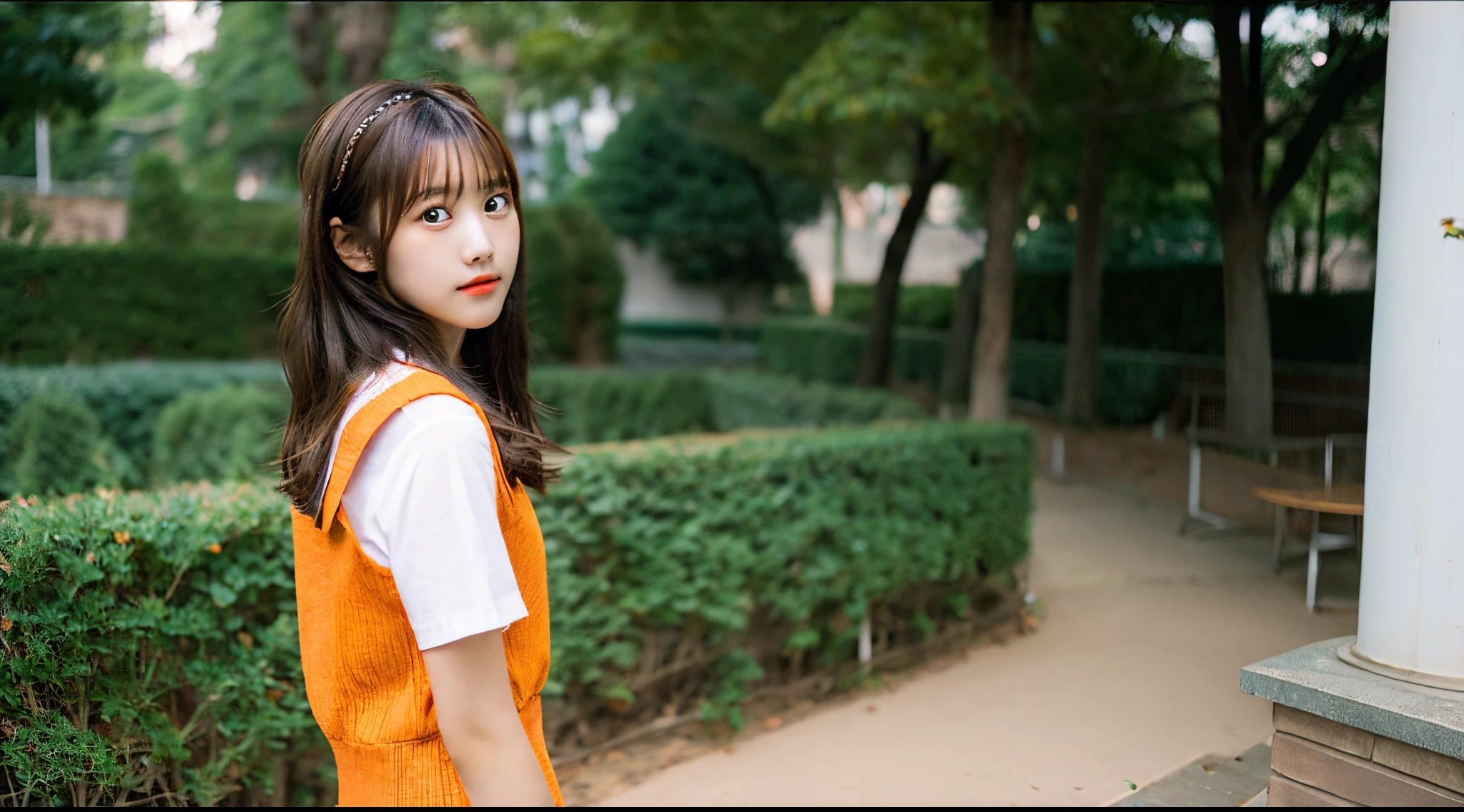 High school girl, 18 years old, wearing an orange miniskirt