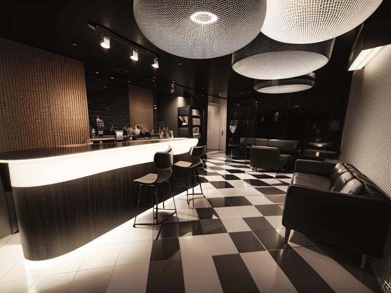 there gray floor,There a bar and chairs, Gray and white checkered floor, Luxury apartment, Apartment with black walls, Instagram posts, black show room, checkered floor, and ambiguous showroom, Modern look, morden style, apartment design, Magnificent design, Shooting time 2 0 2 0, VIP Lounges, wit studio, city apartment