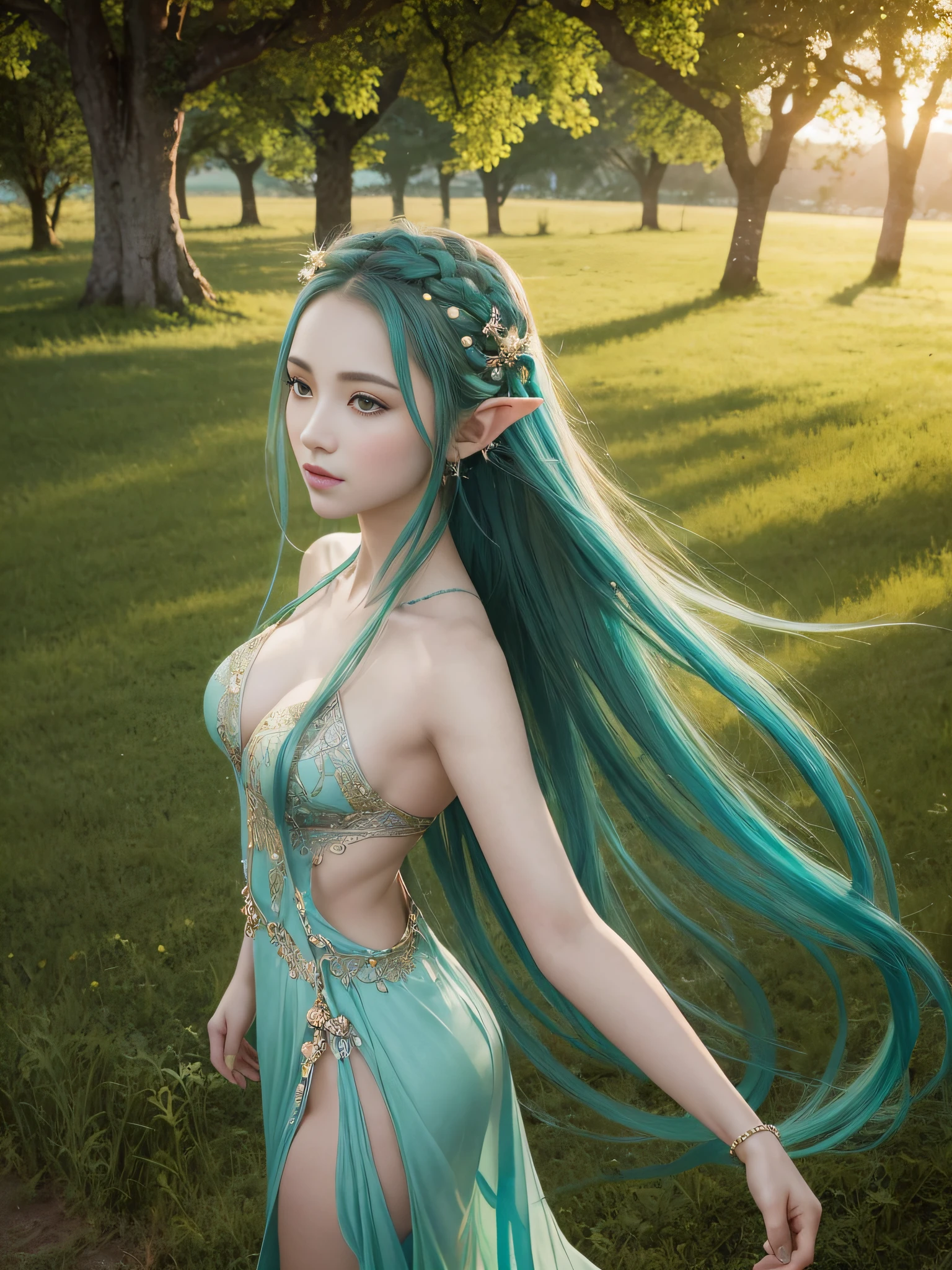 Graceful elven girl standing in meadow, Delicate face illuminated by the soft light of the setting sun. Her long, Flowing hair runs down your back, Decorated with intricate braids、Adorned with sparkling gemstones. This great photo 、、、It captures the ethereal beauty of elves. Slender figure in silk dress、Swaying in the soft steppe breeze. Attention to detail、Face that ace that ace that ace that 、It  evident in the intricate patterns of the dress and the subtle highlights of the luminescence. skin. The breathtaking portrayal of the elven girl 、、、、、Create an enchanting atmosphere、It invites the viewer to a magical world. emerald green hair color and eye, sexy pose,