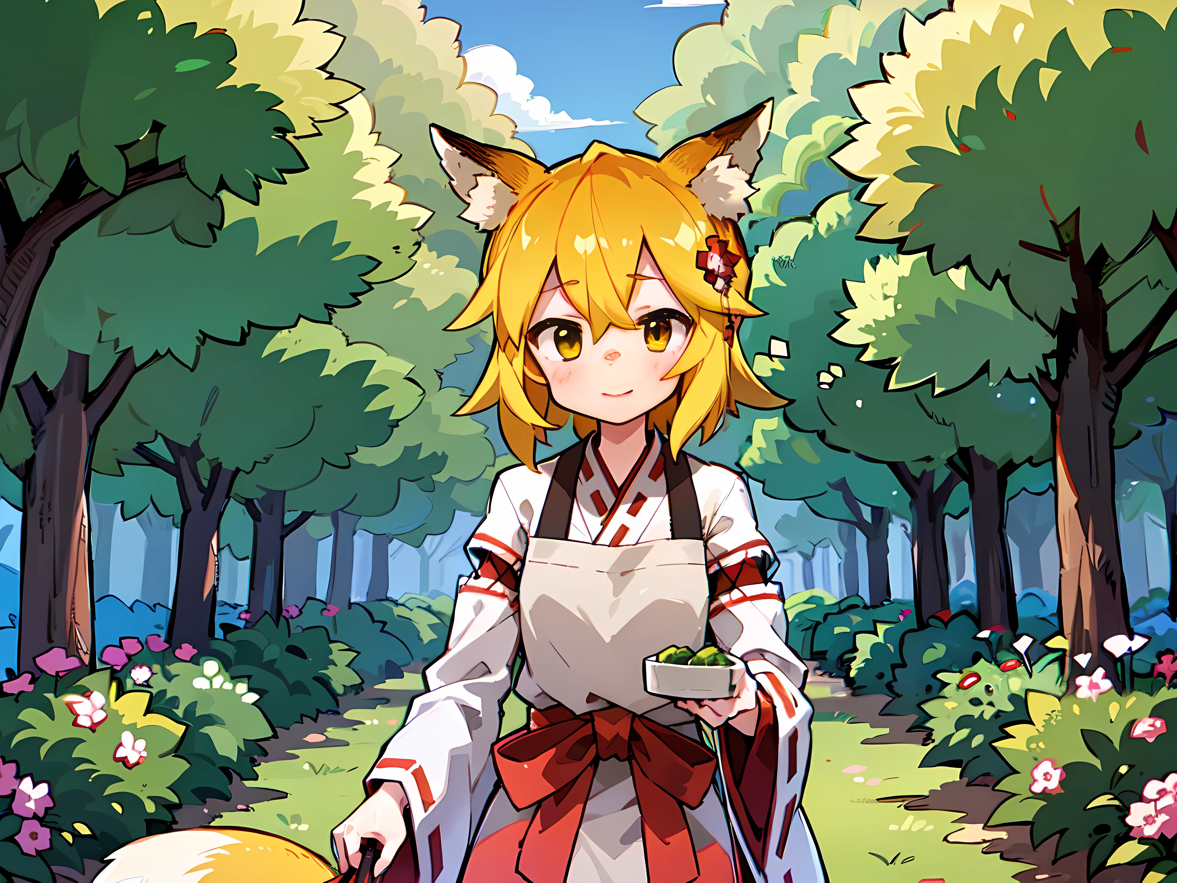 A girl, Fox ears, 4K Image, flowers of different colors, field, Beautiful trees, Maximum details, Pink, Sakura, village, village