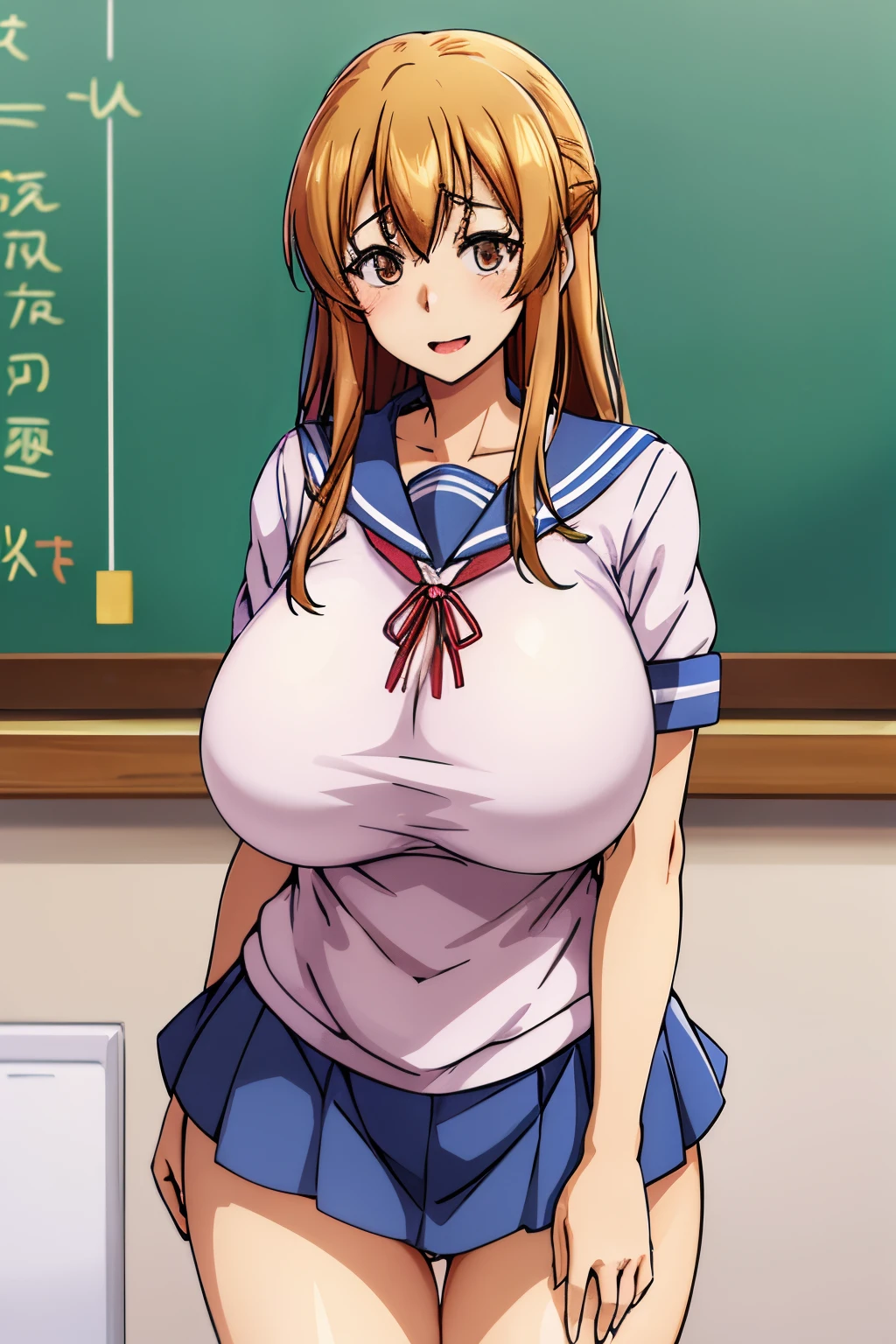 Sailor uniform, very Huge tits Busty, best quality, (masterpiece:1.2), highly detailed, 1girl, kotegawa nanaka, looking at viewer, slight smile, open mouth, brown eyes, long hair, indoor, classroom, close up butt, close up pussy, view from back, looking back