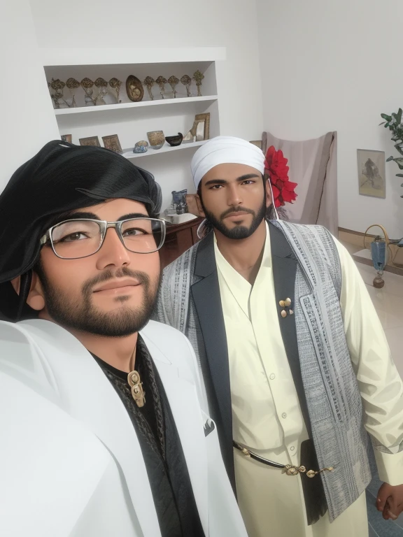 there are two men standing in a room with a white wall, with two characters, very very low quality picture, with accurate face, inspired by Kailash Chandra Meher, 8k selfie photograph, very clear picture, taken with sony alpha 9, with village, shot on nikon z9, portrait mode photo, ghutra and egal, handsome man, candid picture