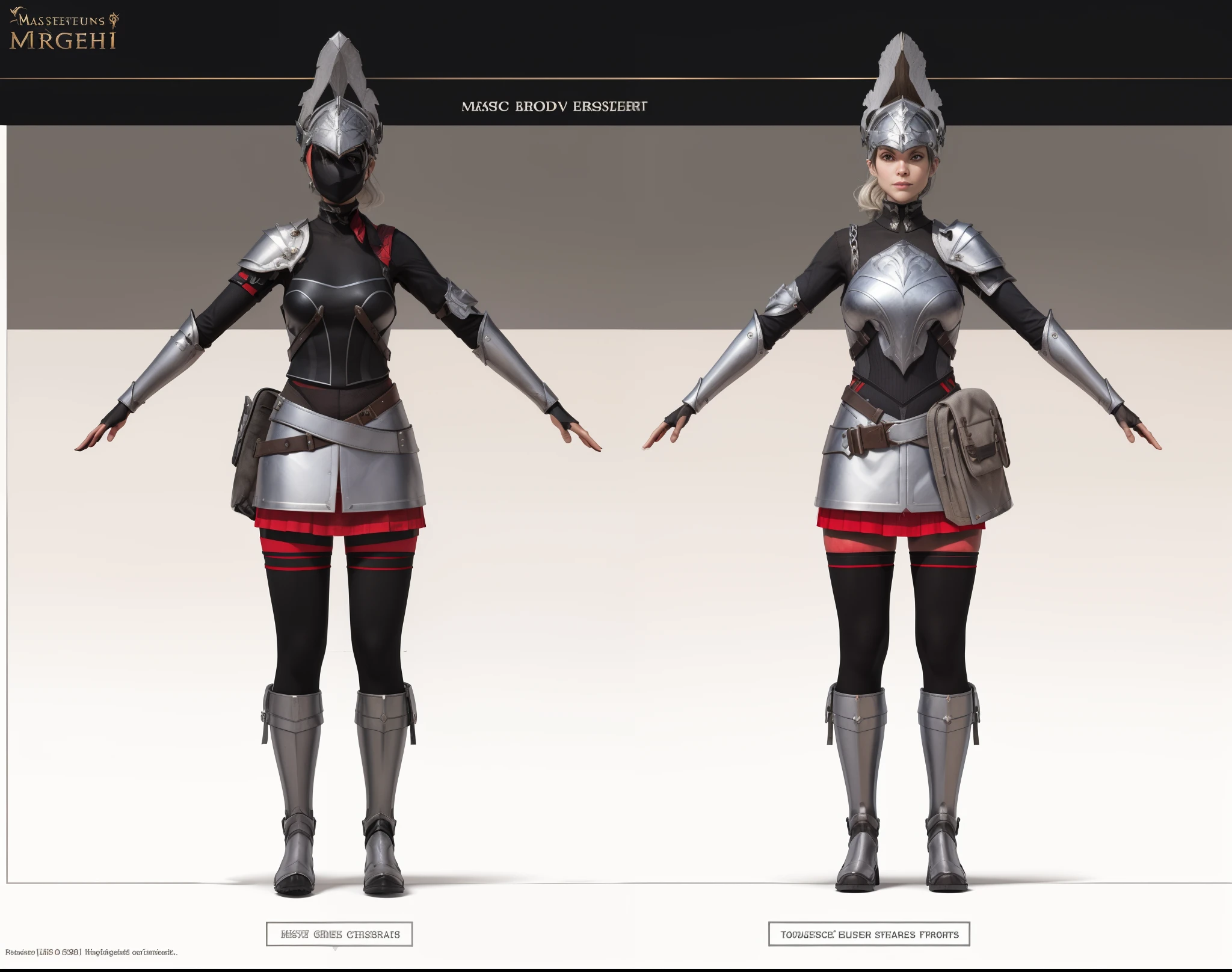 (masterpiece:1.1),(highest quality:1.1),(HDR:1),extreme quality, a close up of a person in armor, full body character concept, full body concept, detailed full body concept art, concept armor, detailed full body concept, full body concept art, British soldier style character, game character design, concept character, full body character concept art, 3 d character reference sheet, female, video game character concept, detailed character design, character sheet, character model sheet turnaround , front and back, front and back, Paladin wearing Silver Chain Armor with Moonlit Edges, red costume, ( red fabric shorts skirt ), silver spike helmet with horsehair, ( black fabric boots ), black long stocking, grey clean background, leather bag on waist