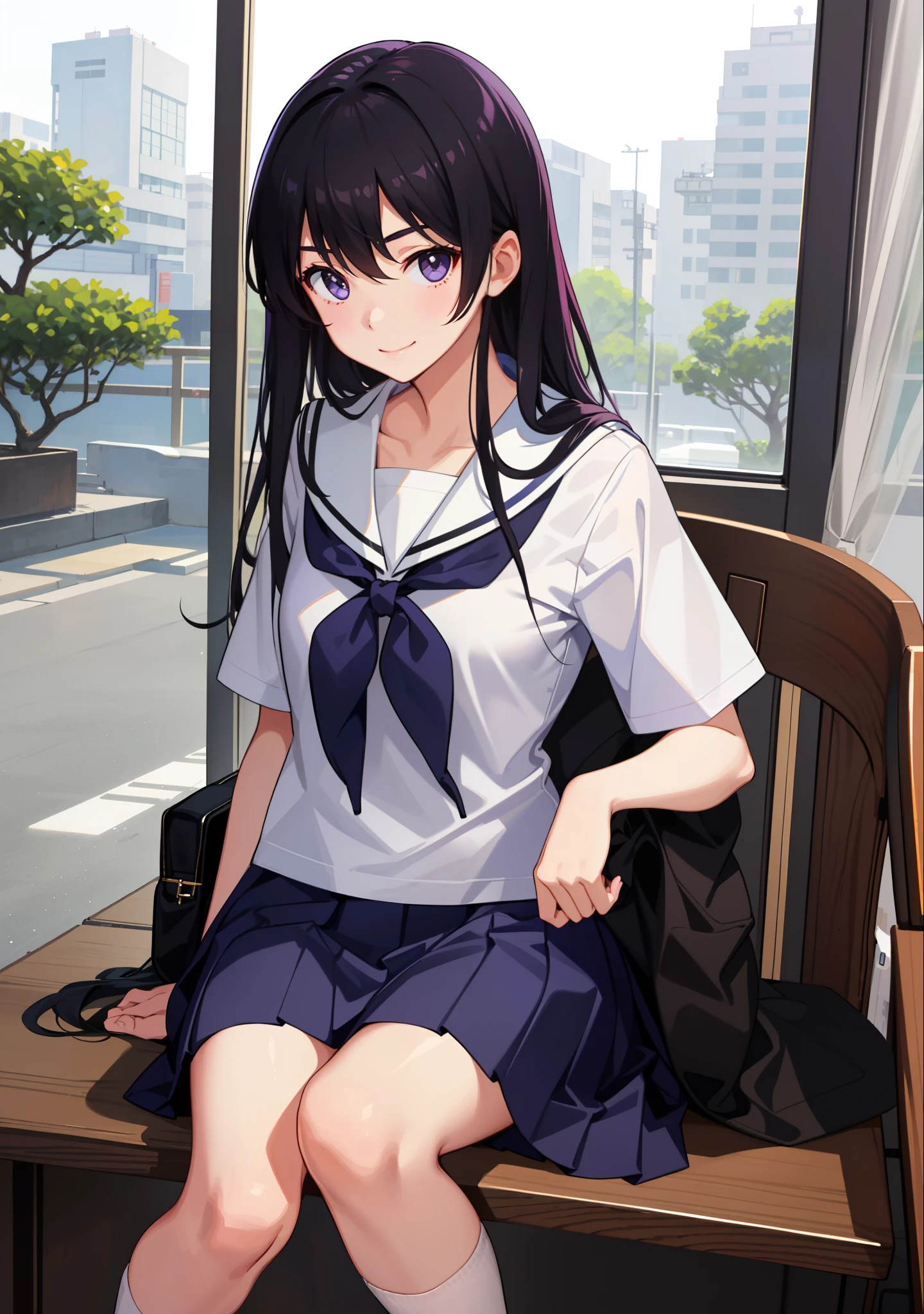 1girl in、A smile、The shirt、skirt by the、Light in the eyes、(highlight in eyes)、(small tits)Chilarism、Japan High School Student Uniform、serafuku、summer clothing、(Portrait from the knee up)、