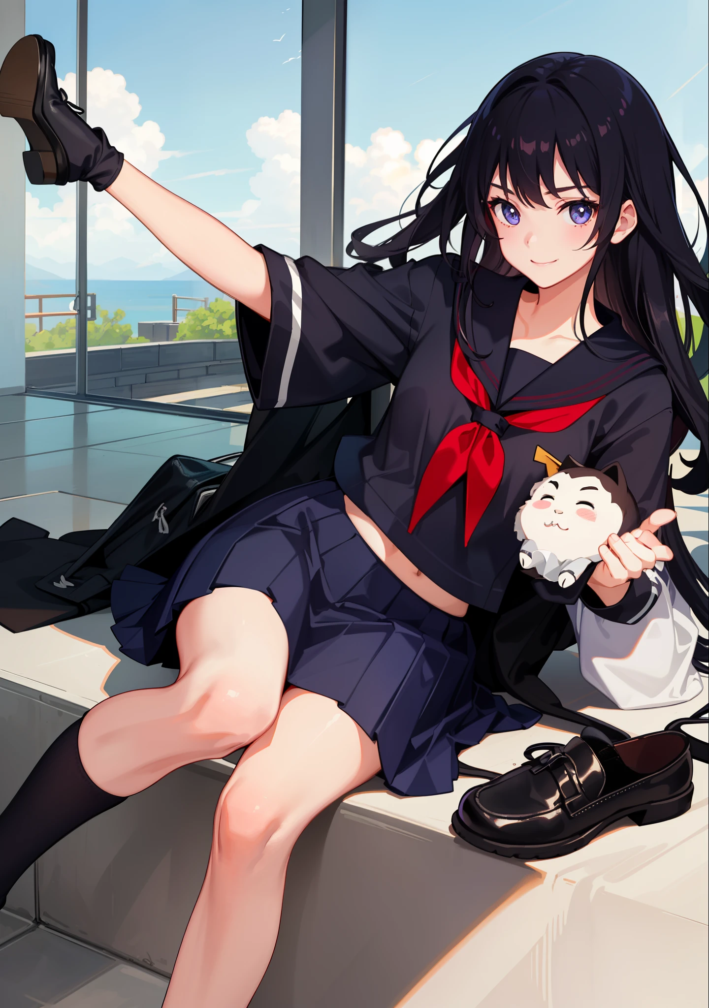 1girl in、A smile、The shirt、skirt by the、Light in the eyes、（highlight in eyes）、（small tits）Chilarism、Japan High School Student Uniform、serafuku、summer clothing、（Portrait from the knee up）、