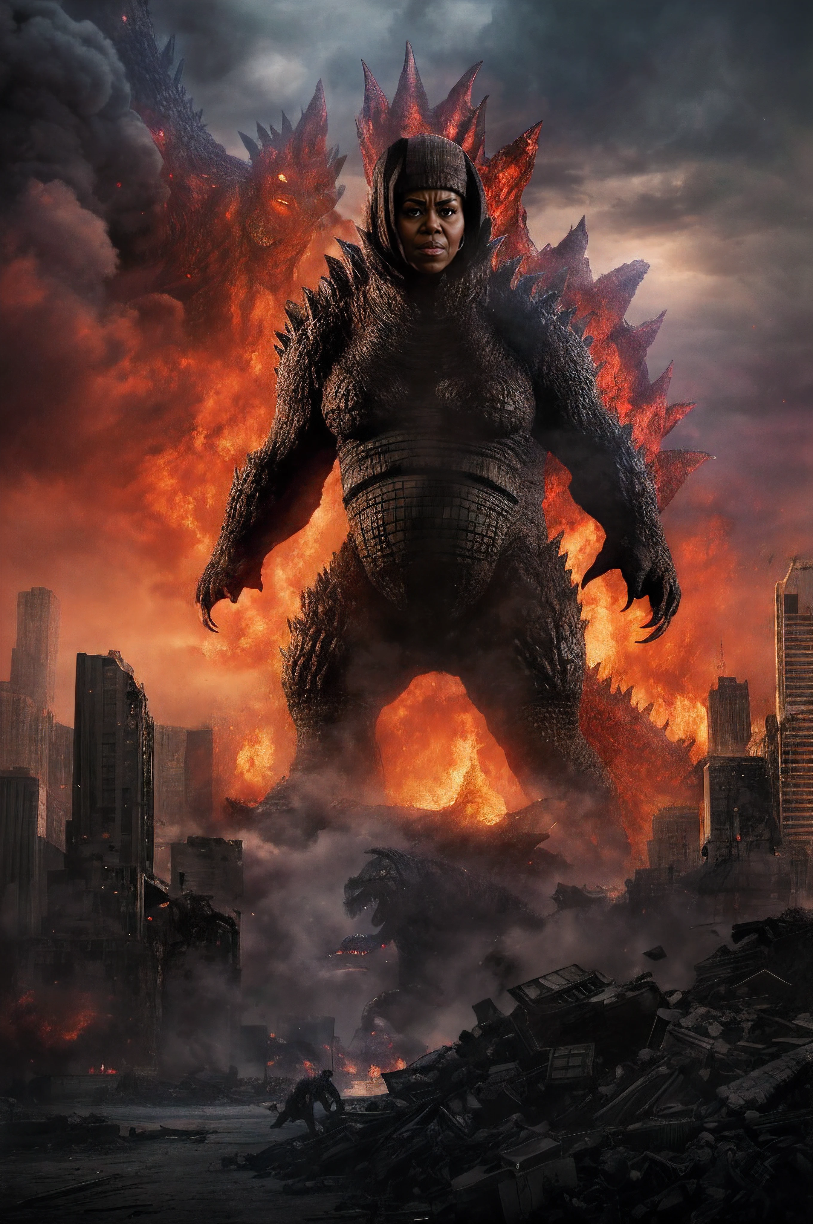 Michelle Obama as godzilla rising from a city with a huge godzilla in the background, character portrait of Michelle Obama as godzilla, godzilla, godzilla portrait, shin godzilla, movie poster character, an king kong rage on street, liam neeson versus godzilla, movie still 8 k, wojtek fus, kaiju, ( apocalyptic ) 8 k, monster destroying pyongyang