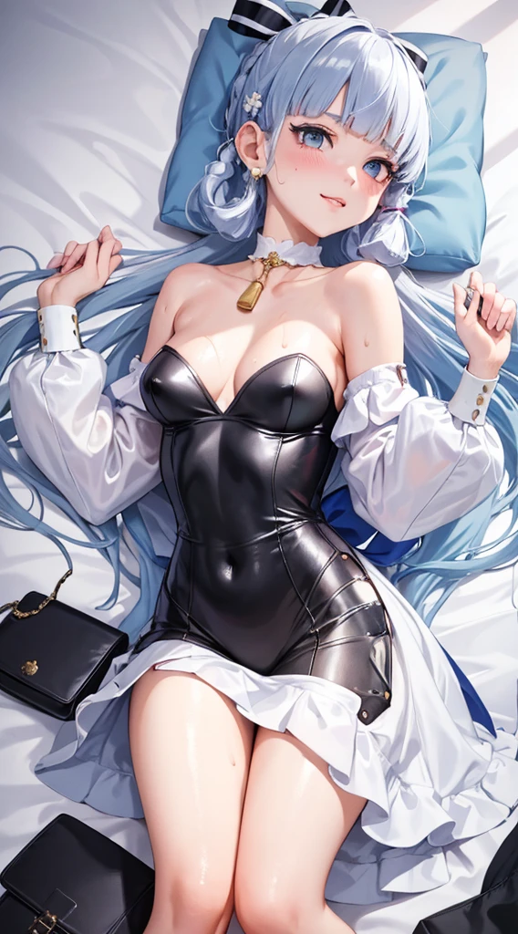 Character Details:, - Gender: 1 Girl.
- Style: Anime, - Body Type: Attractive body, slim body, nice legs, slim tights, nice arms, nice shoulders. - Breast: ((Small Breast:1,5)), Cleavage, Nipple.
- Facial Features: Beautiful, Gorgeous, ager, Fresh, Young.
- Expression: Smile, Horny, Pink Blush on Face, Sexy Eyes, Sexy Look, (Sweating:1.4), Innocent Look, Tipsy. - Hairstyle: Blunt Bangs, Long Hair. - Hair Color: Light Blue Hair, Ribbon, Braided.
- Clothing: (White Cotton Dress:1.5), (Off Shoulder:1.3). - Body Pose: (Lying Down:1.5), (Hands Up:1.5), (Clasp Knee:1.5). - Behaviour: Waiting, Want Something, Secretly.
- Accessories: Earrings., Environmental Details:, - Setting: Office Room., - Lighting: Natural Light., - Decoration: Modern Bed, Pillow, Blanket, Cloth, Table, Chair, Window, White Curtain, City View. Top view. pov, anime style, UHD, retina, masterpiece, accurate, anatomically correct, textured