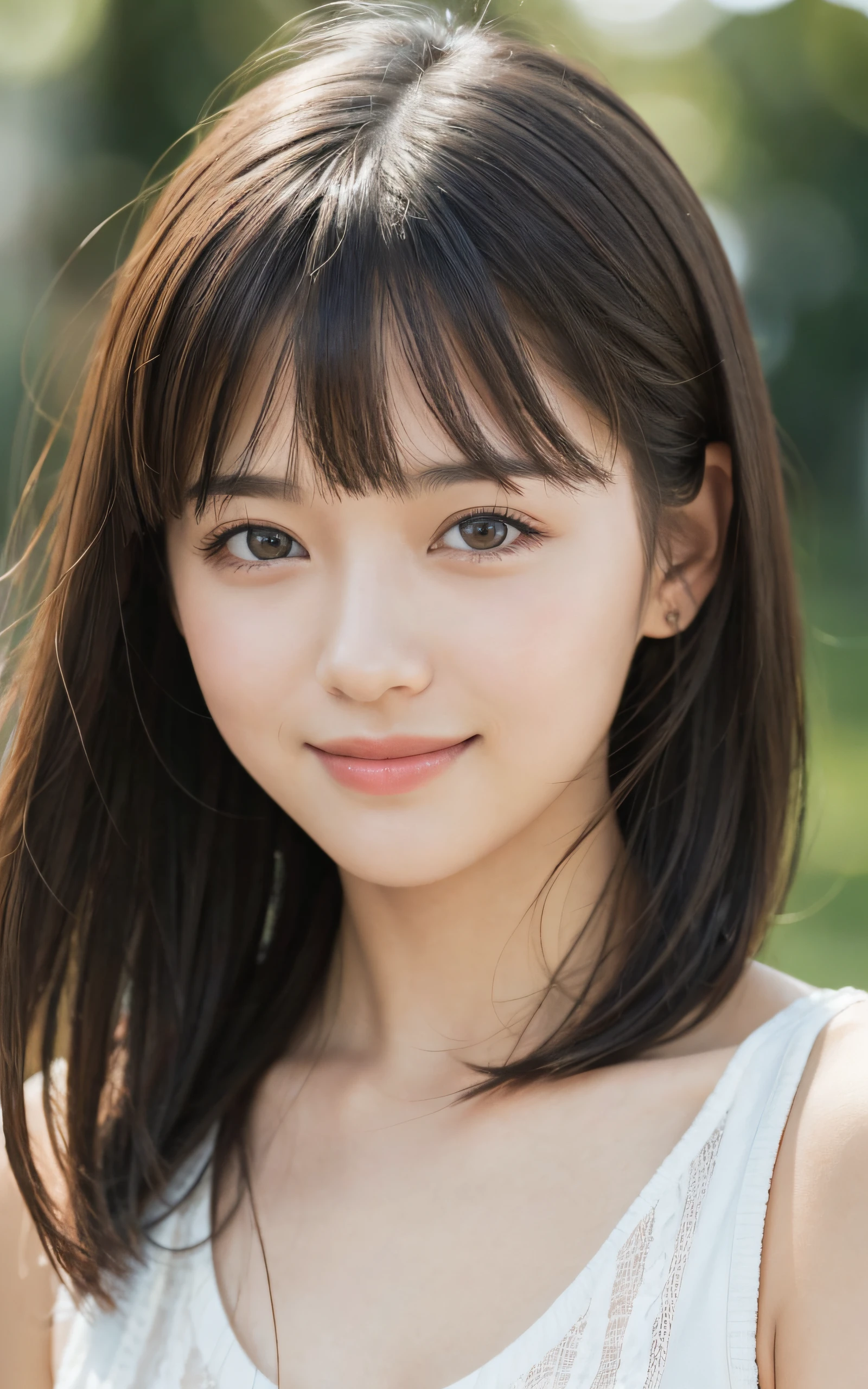 masutepiece, Best Quality, 8K, 1 girl, close-up, Close-up of face, 20 yo, cute little, Solo, Arch Smile, Cute, Girly, Delicate girl, Neat and clean beauty,  Raw photo, Professional Photography, Portrait, Soft light, Professional Lighting, Back lighting, look forward to your eyes, Sophisticated, Film grain, (Eyes and faces with detailed:1.0), Short-length floating hair, Beautiful flowing hair, Bangs