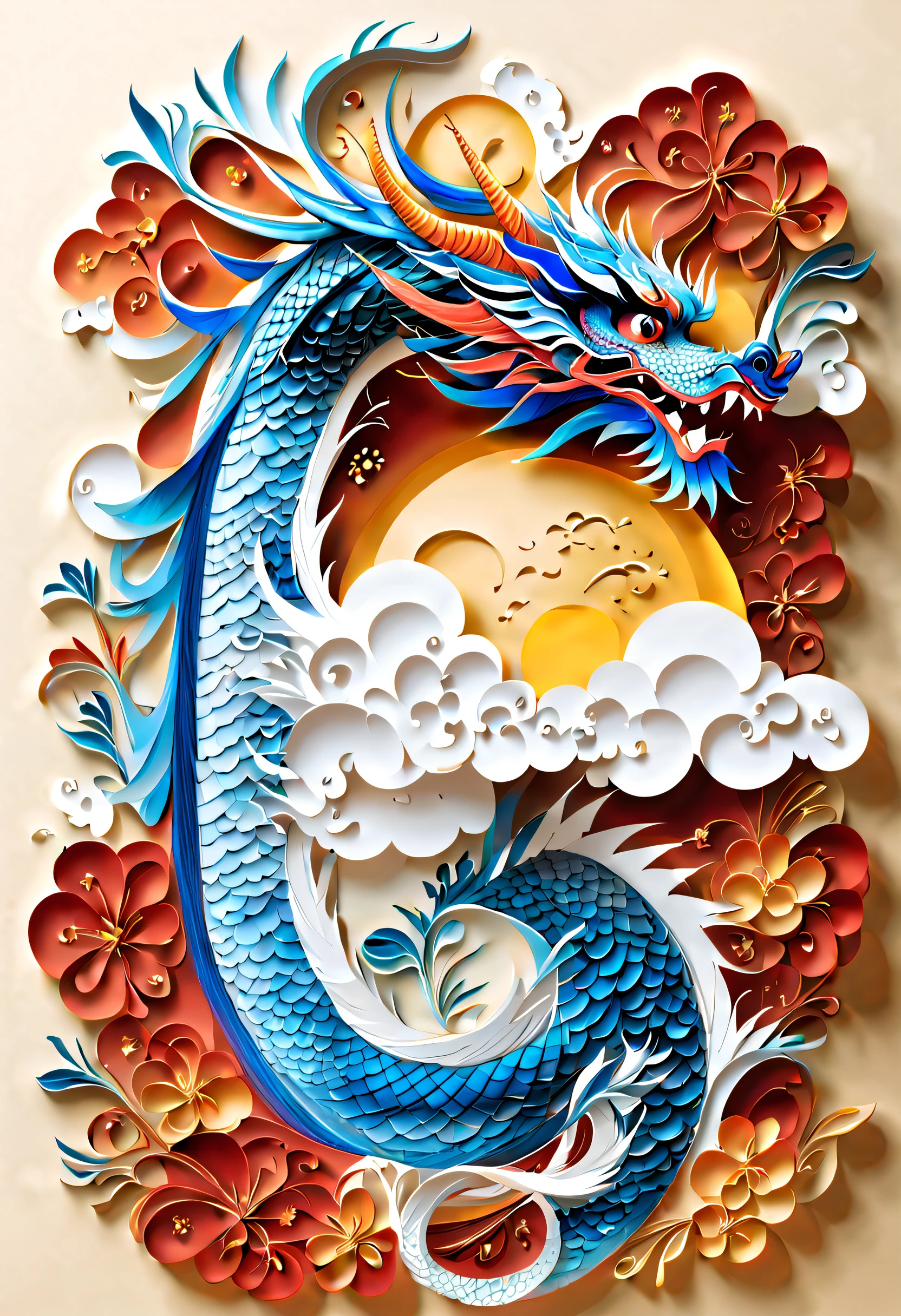 best composition、masutepiece、blue dragon、Thang Long、５rising color dragon、lucky、golds