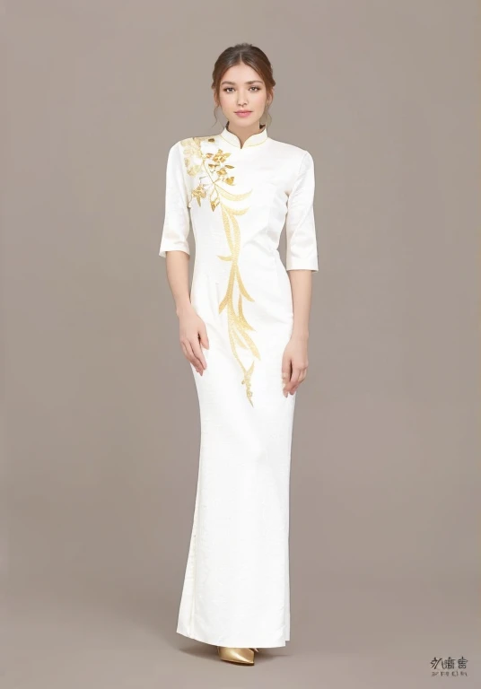 White dress, Spring Festival Gala host, gold embroidery, gold decoration，Haute Couture