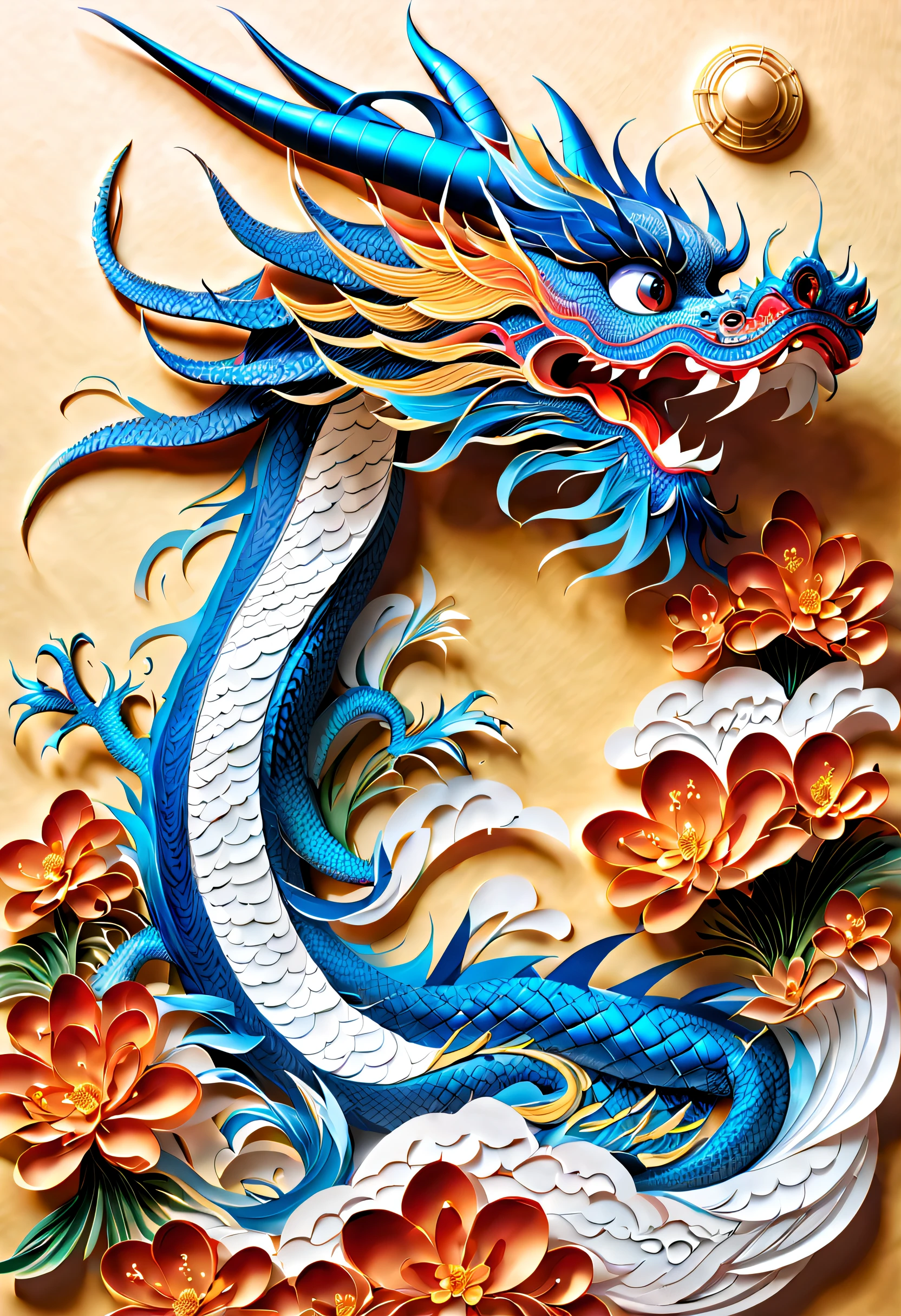 best composition、masutepiece、blue dragon、Thang Long、５rising color dragon、lucky、golds