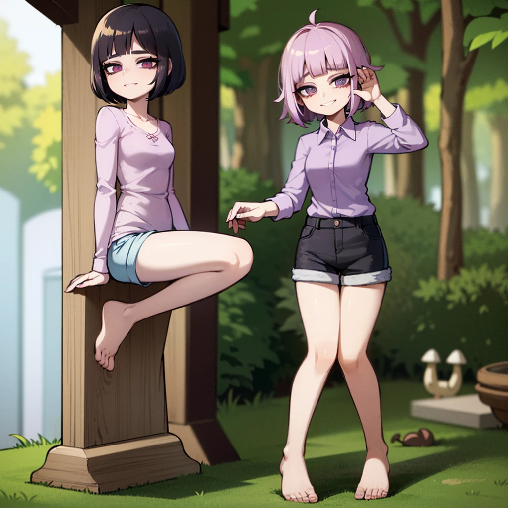 ((olhos dourados)), garota, (((Com uma rosa))), (((lilac shirt))), olhos dourados brilhantes, short black hair mushroom head with a clear smile on her face, Chara\(Undertale\), bidimensional, fundo escuro, small golden flowers under the feet, head bowed slightly, ((shorts preto de couro com meia branca listrada))