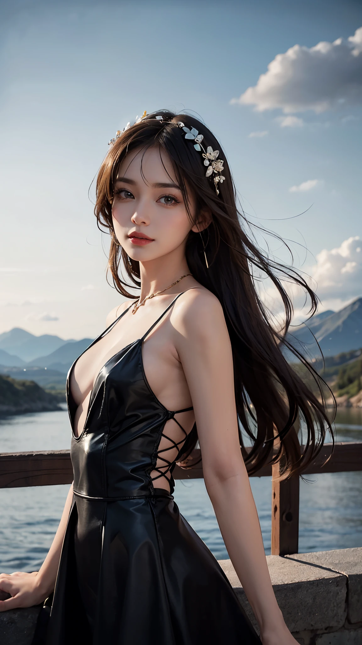 8K ultra hd, masterpiece, Best quality, 1 girl, beautiful face, light smile, very long hair, hair ornaments, detailed eyes, small breasts, very beautiful dress, black dress, black lace, criss-cross strap dress, jewelry, clouds and mountain background, high resolution, Dramatic lighting, blurred foreground, attractive poses,