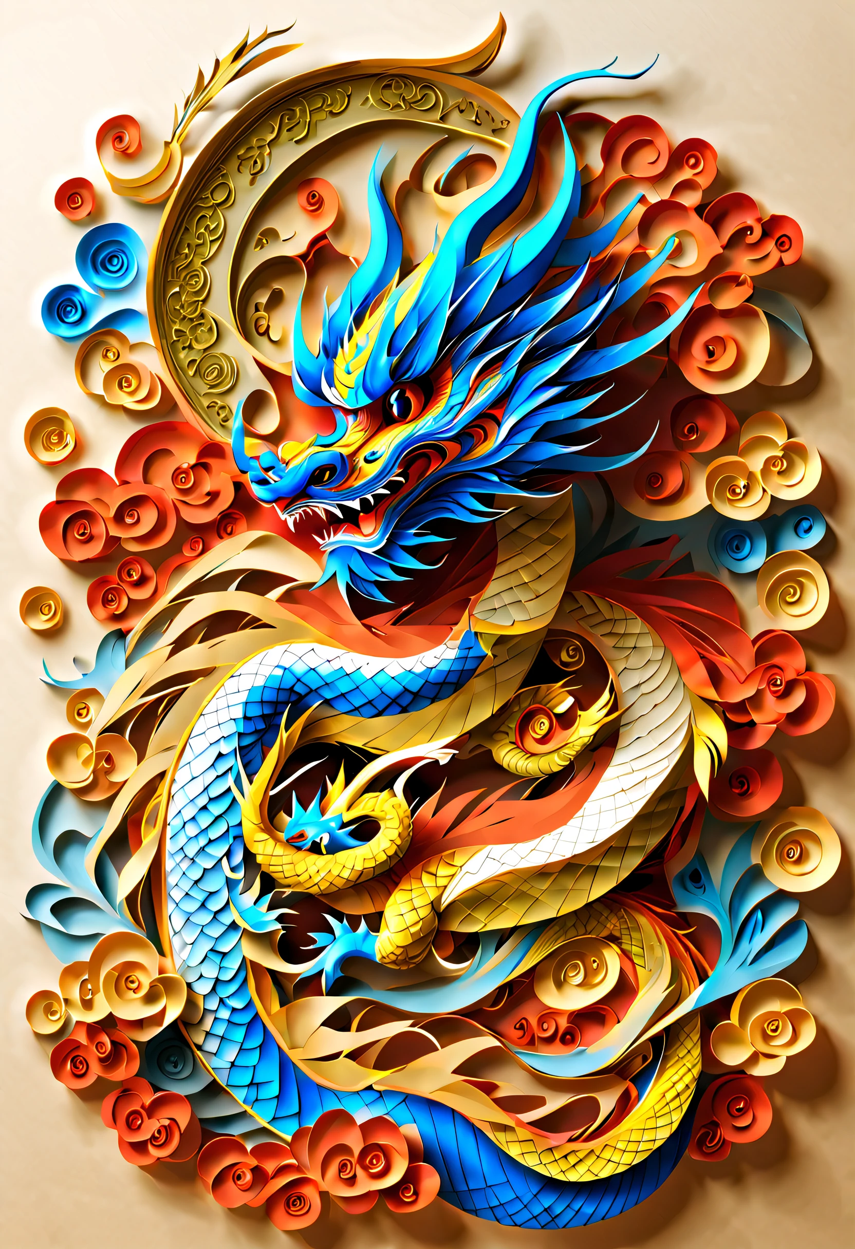best composition、masutepiece、blue dragon、Thang Long、５rising color dragon、lucky、golds