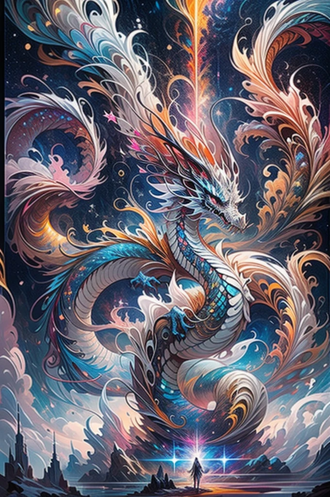 （Chinese dragon stands in front of white snow whirlpool: 1.5），((pure white starlight， Snowflakes around，， expecting， depth of fields， insight， I got it， Monte， The Milky Way  lush, translucent cloud， spectrum， in a panoramic view， Interstellar cycles， Crazy， portal， bigger， white light， global snowflake，The sky  full of beautiful snowflakes))，Vibrant white light color，thickline，Raging sea，Multi-layered，foreground、Faraway view、fractal thunder dan mumford，danford and alex gray style，psychedelic surreal art，surreal psychedelic design，dream art style， trippy art，Infinite psychedelic waves，inspired by Cyril Rolando (Cyril Rolando)，Real corrugated structure，Psychedelic art style，trippy art，psychedelic illustrations，(Alone)，rays of black light, dragon