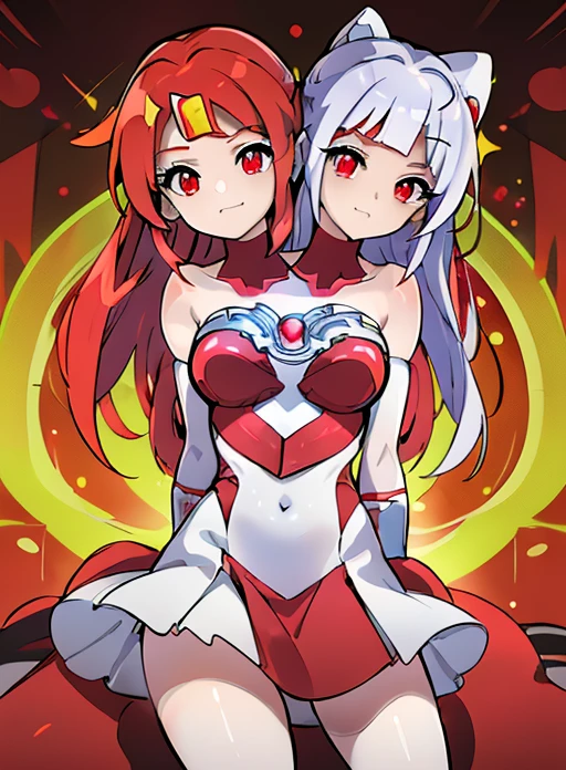 best quality, (masterpiece),(ultra-detailed), (high quality), (high resolution), (2heads:1.5) 1girl, red hair, red eyes, red magical girl dress, magical girl, chrome silver outfit, same hair color