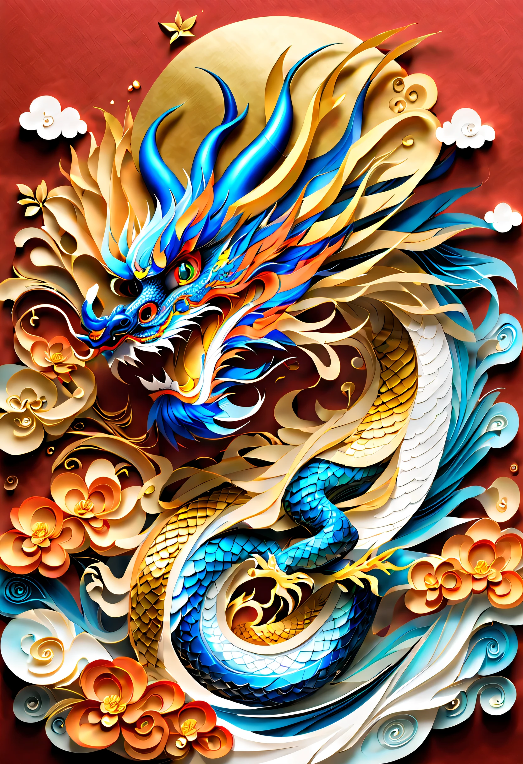 best composition、masutepiece、blue dragon、Thang Long、５rising color dragon、lucky、golds