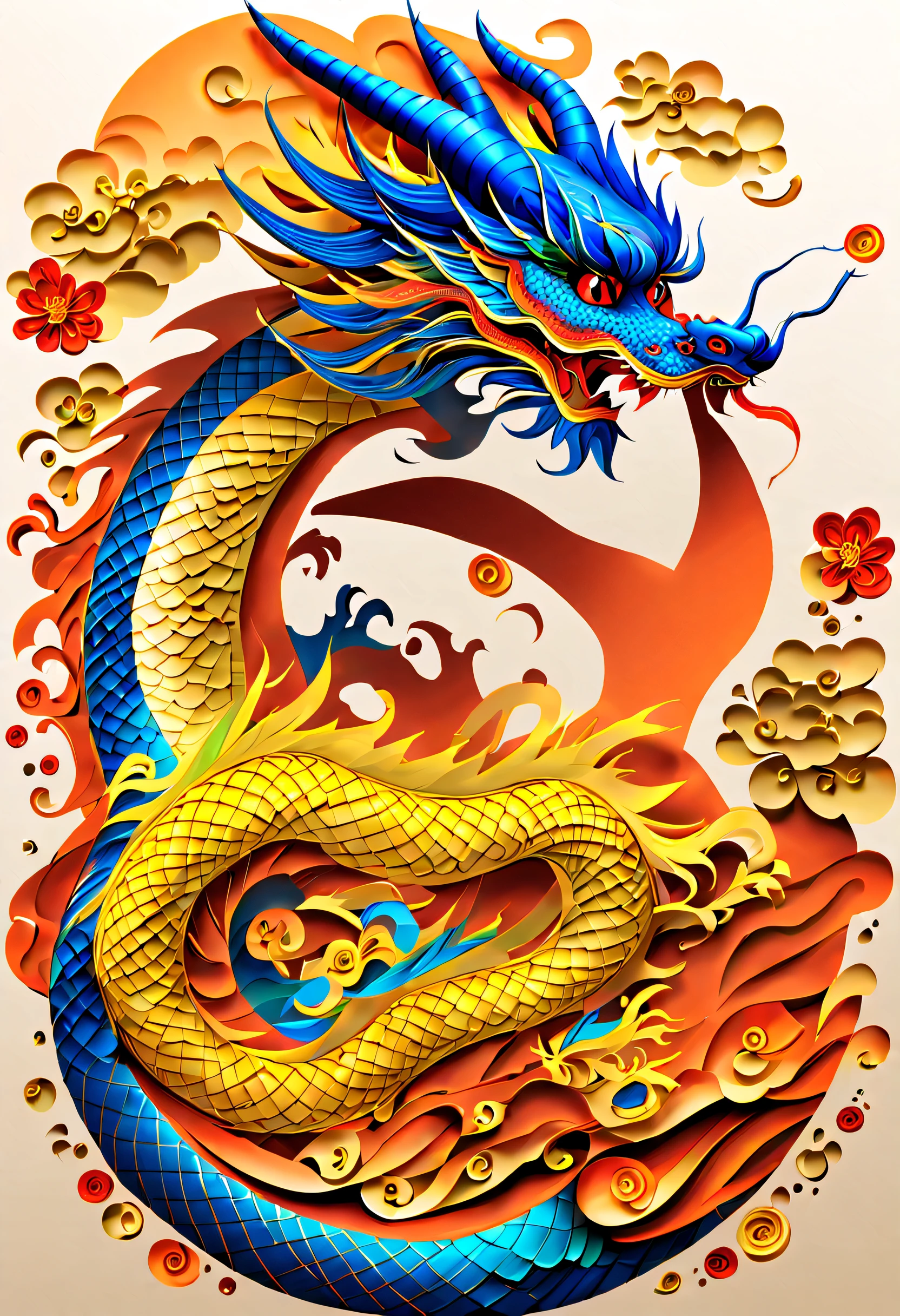 best composition、masutepiece、blue dragon、Thang Long、5rising color dragon、lucky、golds