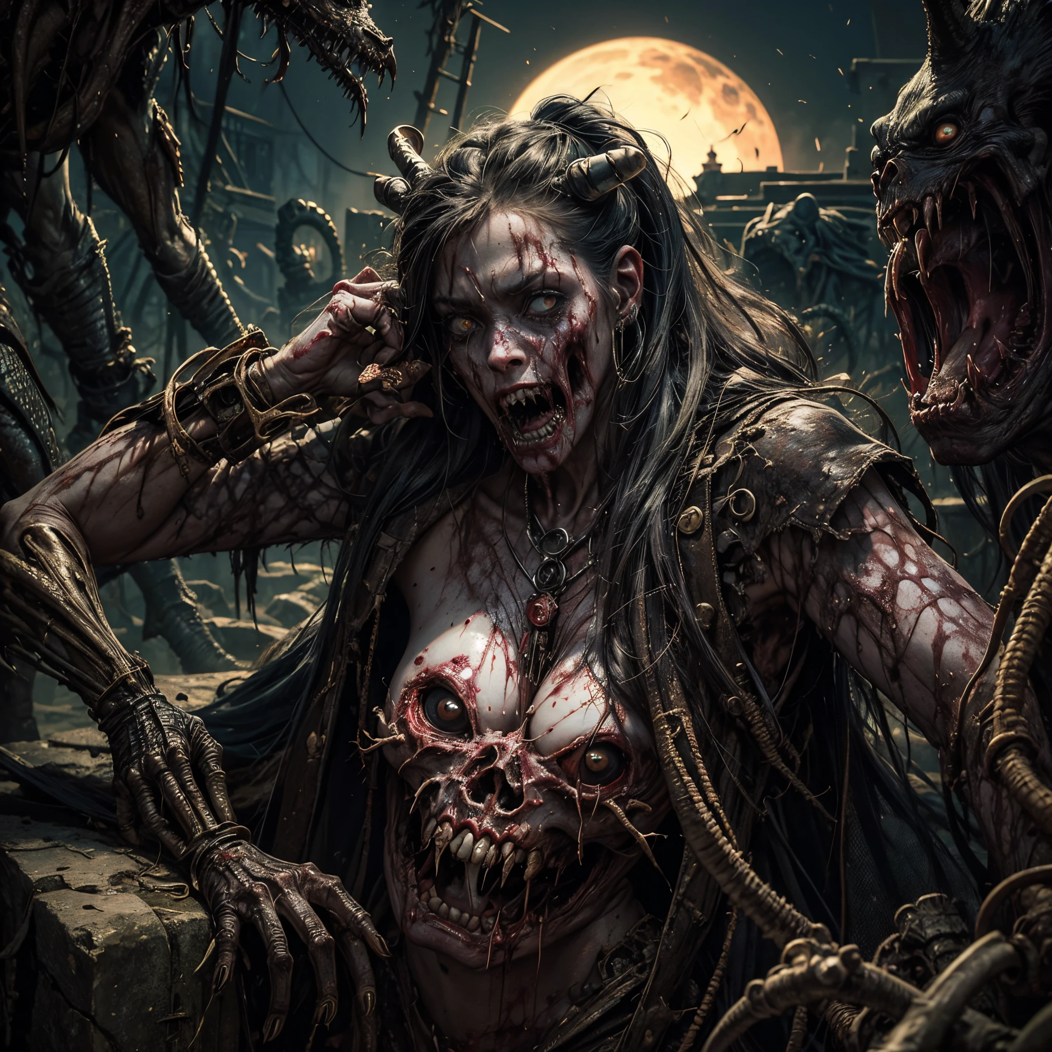 Masterpiece, highest quality, (high detail:1.2), creepy female monsters, creepy beasts, corner, phobia scene, bodies, corpsets, rotten meat, rotten skin, zoombie, blood, creepy, broken bone, bones, skeleton, a lot of dried blood and clots death, horror, obscure , shadows, swamp, horrifying creatures body rotten, sharp objects, living death, stumps, zoombies, ????, rotten organs, guts, dark macabre, virus, viruses and spores, mutants, mutations, altered DNA, sunset, strange creatures, post-apocalyptic, amputations, trauma, beats, bites, lacerations, hematomas and teratomas, post-apocalyptic background,1girl, blood tears, large breast, post mortem eyes, strange, tear the skin, blisters, rotten, fungus, undeath, dirt, human waste.