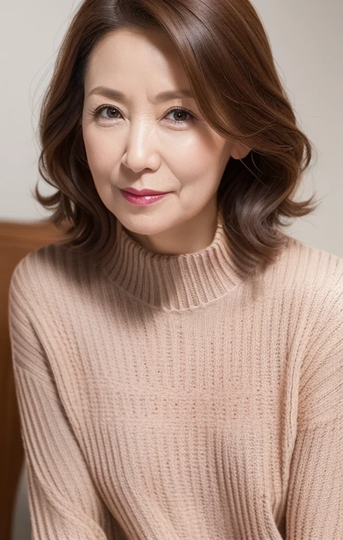 masutepiece,Best Quality, (Mature woman alone), ((Portrait:1.5)), ((Look down, Looking at the viewer)), makeup, (((Tunic sweater))),skirt by the, Wavy Hair, ((Seduction expression, Smile:0.3)),