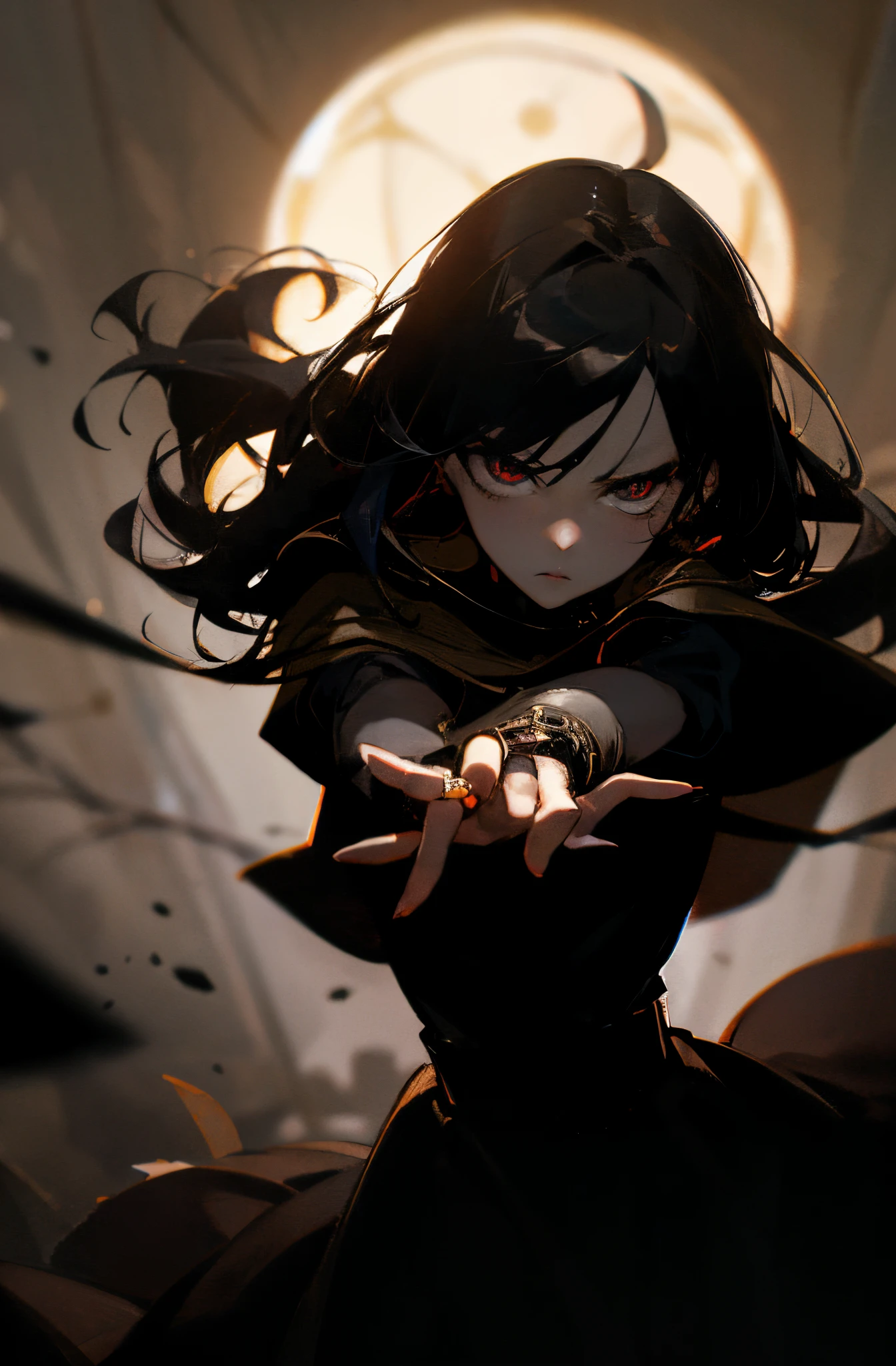 Dramatic lighting, dramatic pose, gleam, dark colors and atmosphere, gloomy anime girl, Kubrick Stare at camera, ring lights