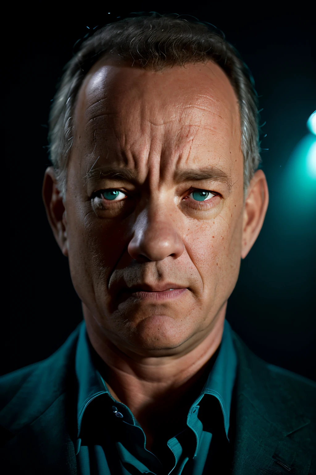 portrait of an award-winning photo of Tom hanks, posing in a dark studio, (rim lighting,: 1.4) two-tone lighting, sharp focus, teal hue, octane, unreal, dimly lit, low key,