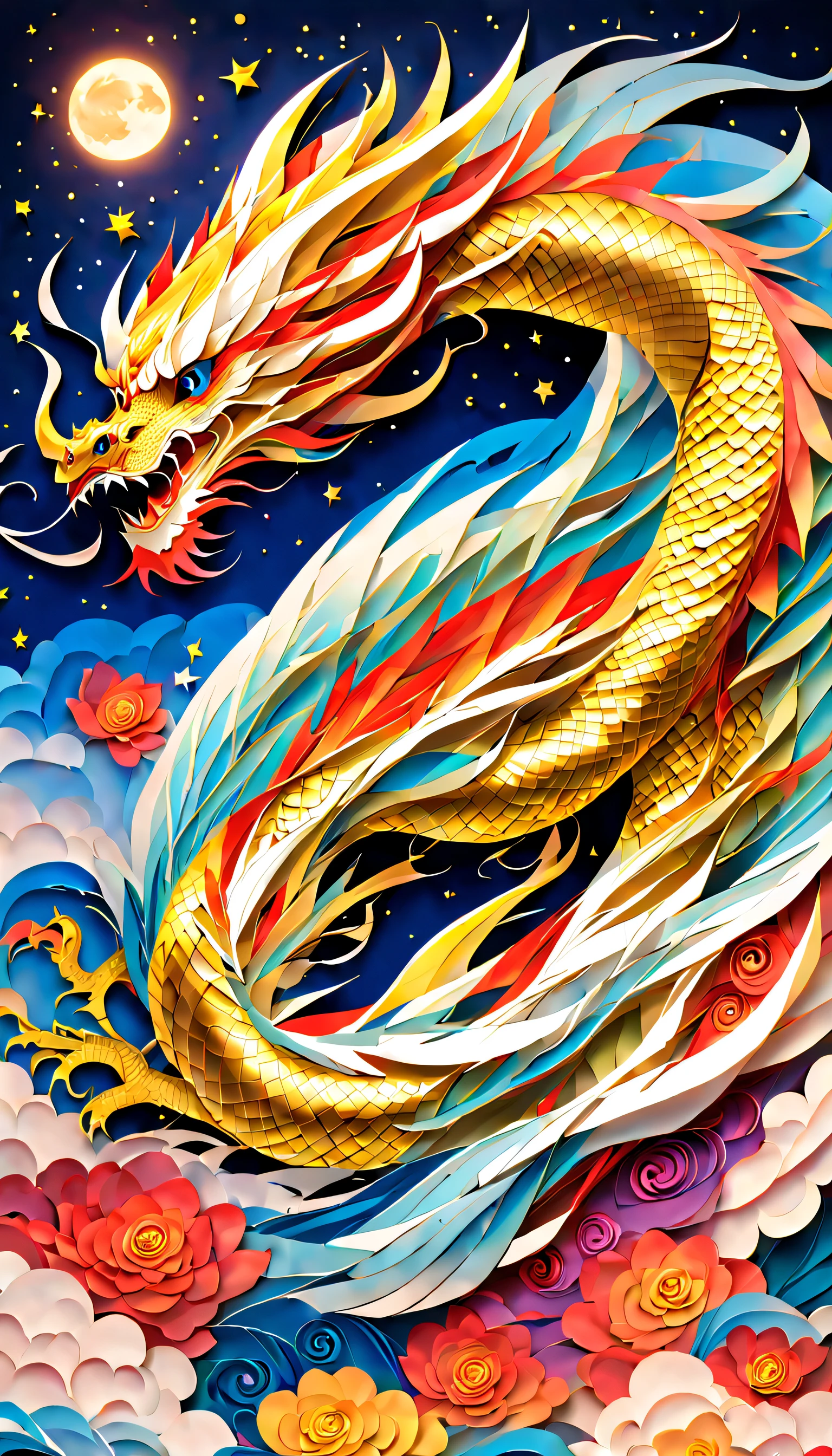 best composition、masutepiece、blue dragon、Thang Long、５rising color dragon、lucky、golds