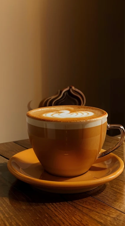 there two cup of coffee on a saucer on a table, hot coffee, cup of coffee, morning coffee, mat orange clour coffee cup, coffee, huge cup of coffee, hot cocoa drink, cappuccino, drinking a cup of coffee, morning, steaming coffee, hard morning light, with a cup of hot chocolate, sitting on a mocha-colored table, morning golden hour((orange clour coffee cup))