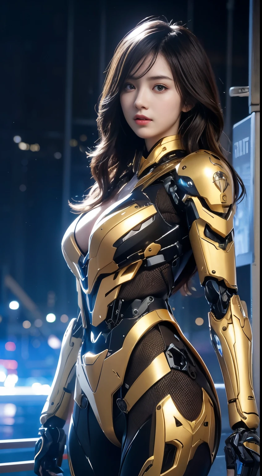 (1 Mechanical Girl)、top-quality、masterpiece、超A high resolution、(Photorealsitic:1.4)、Raw photo、女の子1人、Shooting that shows the whole body、Fighting pose with a glowing sword、Golden hair、glowy skin、(((1 Mechanical Girl)))、(LED Lamp Mechanical Helmet)、(Small LED)、((super realistic details))、portlate、globalillumination、Shadow、octan render、8K、ultrasharp、Colossal tits、Raw skin exposed in the cleavage、metals、Details of complex ornaments、Japan details、highly intricate detail、Realistic light、CGSoation Trends、Red Eyes、Eyes shining towards the camera、Mechanical marginal blood vessels connected to neon details tubes Mechanical vertebrae attached to back、mechanical cervical attaching to neck、(Wires and cables connecting to the head)、Gundam、Small LED、,Mechanical thighs、Toostock、Textured skin, Super Detail, high details, High quality, Best Quality, hight resolution, 1080p, hard disk, Beautiful,(War Machine),beautiful cyborg woman,Mecha Cyborg Girl,Battle Mode,Girl with a Mecha Body,She wears a futuristic war machine weapon mech,Fulll body Shot,cowboy shot