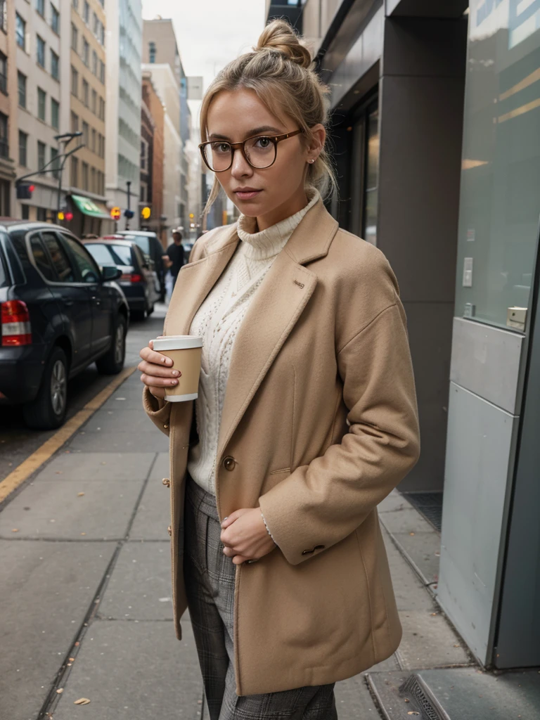 girl's photo 6000×4000, 32K, sony a7iii, 50 mm. photo of a blonde girl, her hair in a bun, wearing a Massimo dutti coat, sweater and trousers by Massimo dutti, Ugg sneakers. In his left hand he holds a disposable cup of coffee. guon her face is Gucci glasses. Background is the street in New York