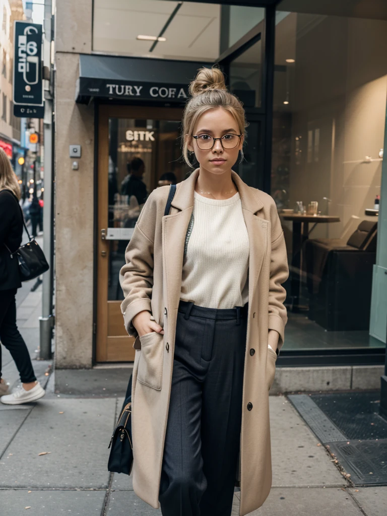 girl's photo 6000×4000, 32K, sony a7iii, 50 mm.  photo of a blonde girl, her hair in a bun, wearing a Massimo dutti coat, sweater and trousers by Massimo dutti, Ugg sneakers.  In his left hand he holds a disposable cup of coffee.  guon her face is Gucci glasses. Background is the street in New York