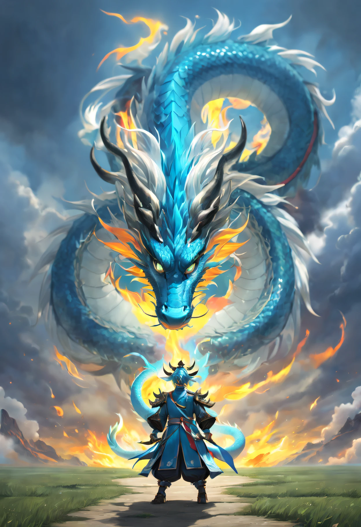 (The main subject: wide wide shot), The flame  light blue,[Multicolored,(Chinese dragon anthropomorphism)], safe,dramatic clouds,(Go deep into the fields), Rich details​, (Wide sky), (sense of vastness),Energy and vitality, Complicated details.(Best quality, A high resolution, tmasterpiece:1.2), (actual:1.37), HighDynamicRange。