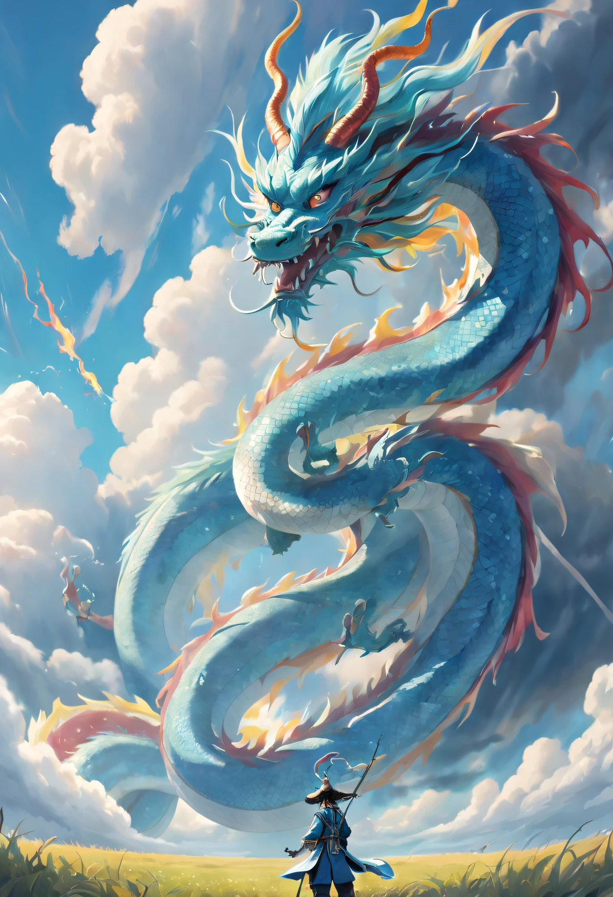 (The main subject: wide wide shot), The flame  light blue,[Multicolored,(Chinese dragon anthropomorphism)], safe,dramatic clouds,(Go deep into the fields), Rich details​, (Wide sky), (sense of vastness),Energy and vitality, Complicated details.(Best quality, A high resolution, tmasterpiece:1.2), (actual:1.37), HighDynamicRange。