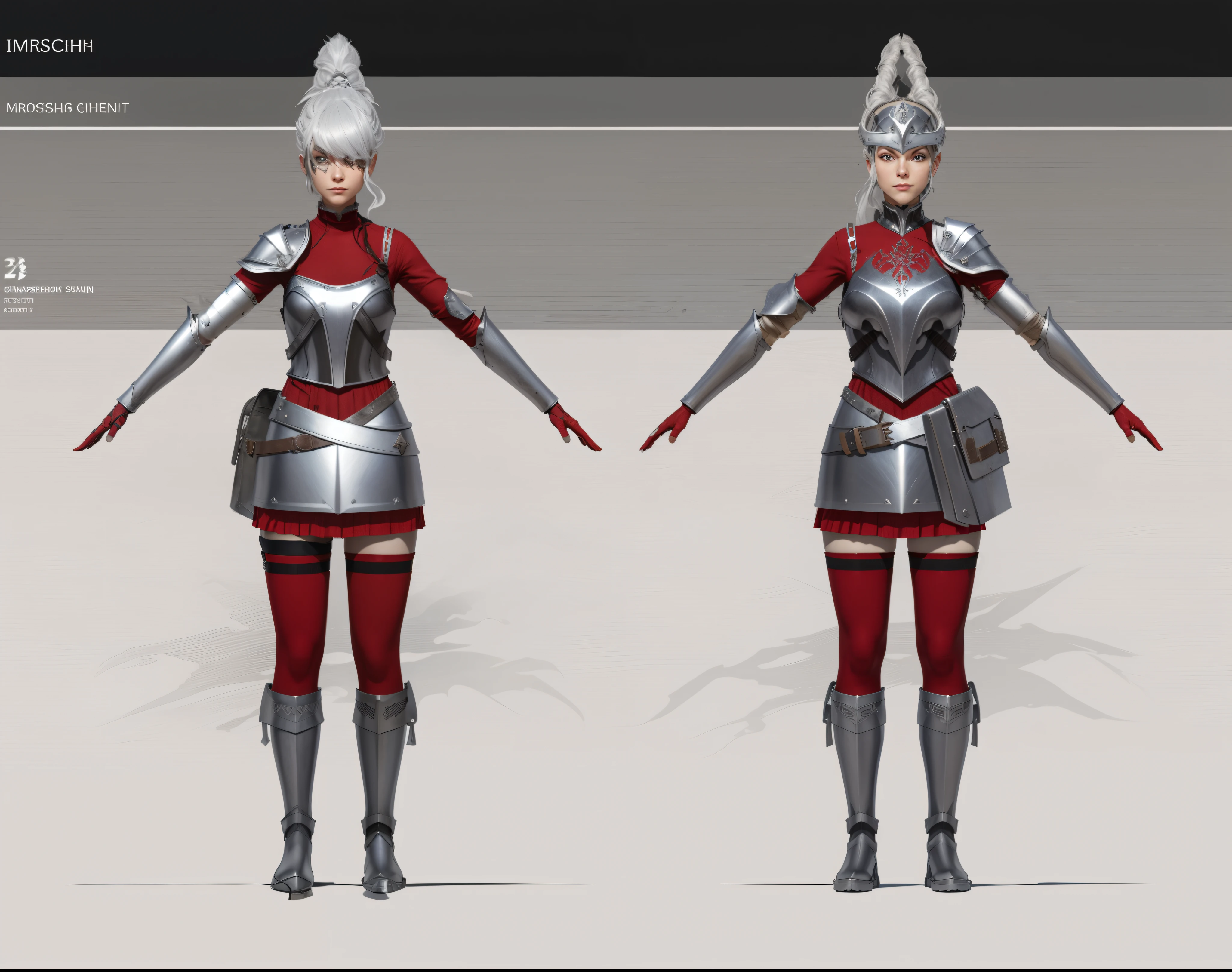 (masterpiece:1.1),(highest quality:1.1),(HDR:1),extreme quality, a close up of a person in armor, full body character concept, full body concept, detailed full body concept art, concept armor, detailed full body concept, full body concept art, British soldier style character, game character design, concept character, full body character concept art, 3 d character reference sheet, female, video game character concept, detailed character design, character sheet, character model sheet turnaround , front and back, front and back, Paladin wearing Silver Chain Armor with Moonlit Edges, red costume, ( red fabric shorts skirt ), silver spike helmet with horsehair, ( black fabric boots ), black long stocking, grey clean background, leather bag on waist