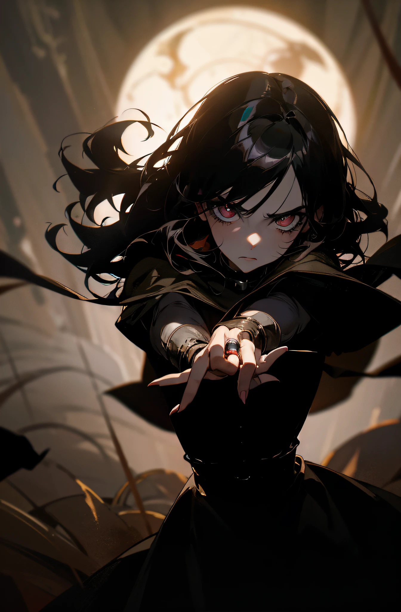 Dramatic lighting, dramatic pose, gleam, dark colors and atmosphere, gloomy anime girl, Kubrick Stare at camera, ring lights