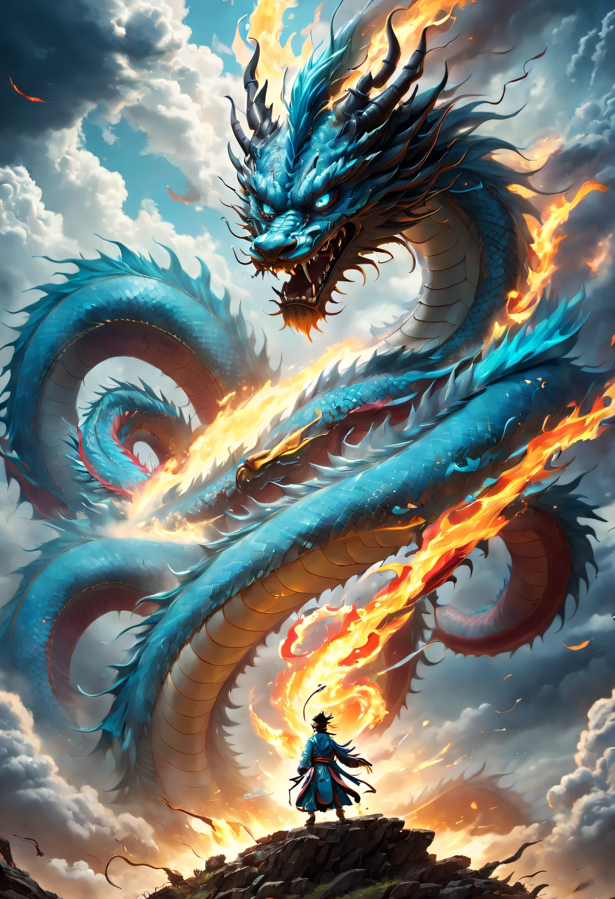 (The main subject: wide wide shot), The flame  light blue,[Multicolored,(Chinese dragon anthropomorphism)], safe,dramatic clouds,(Go deep into the fields), Rich details​, (Wide sky), (sense of vastness),Energy and vitality, Complicated details.(Best quality, A high resolution, tmasterpiece:1.2), (actual:1.37), HighDynamicRange。