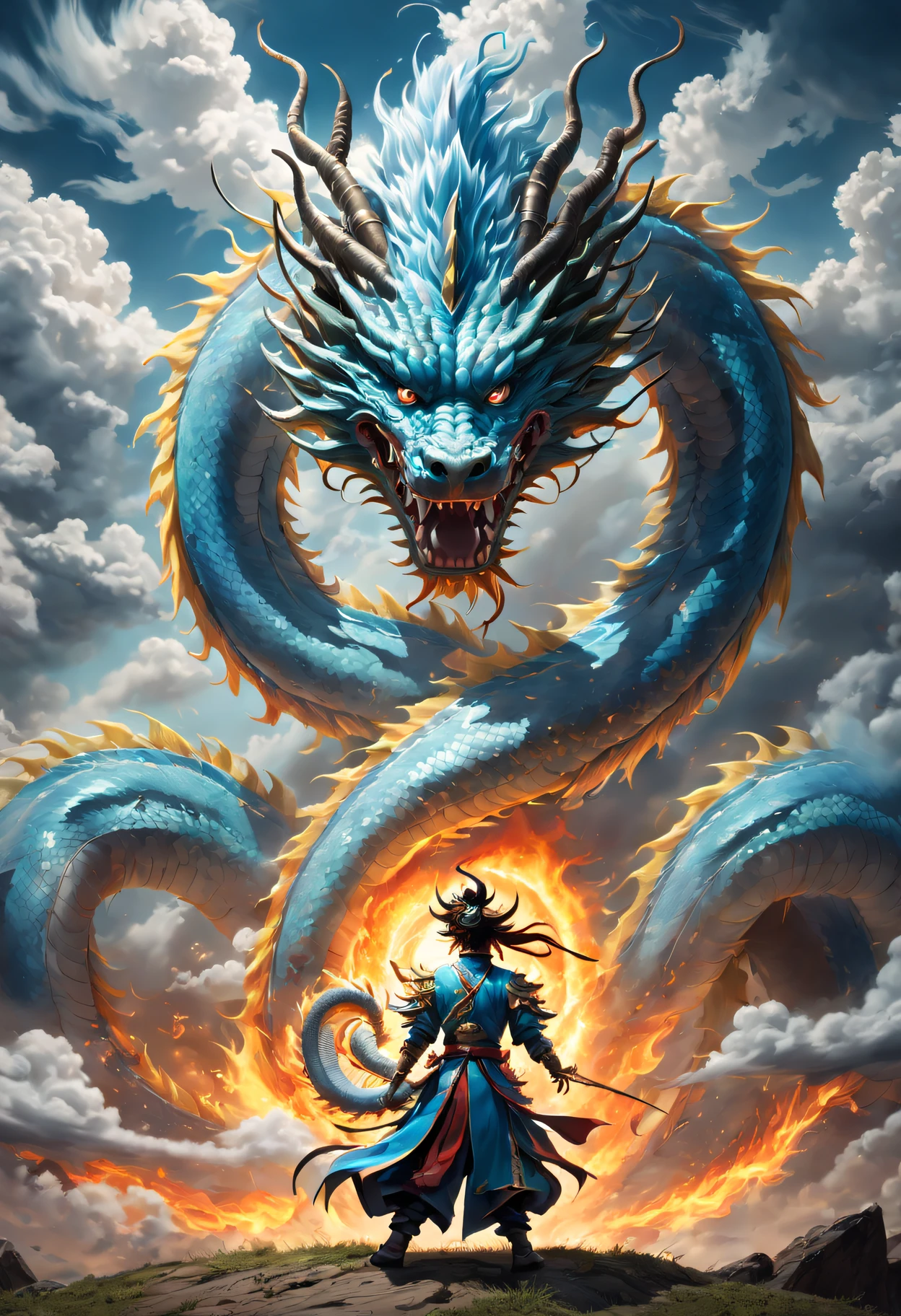 (The main subject: wide wide shot), The flame  light blue,[Multicolored,(Chinese dragon anthropomorphism)], safe,dramatic clouds,(Go deep into the fields), Rich details​, (Wide sky), (sense of vastness),Energy and vitality, Complicated details.(Best quality, A high resolution, tmasterpiece:1.2), (actual:1.37), HighDynamicRange。