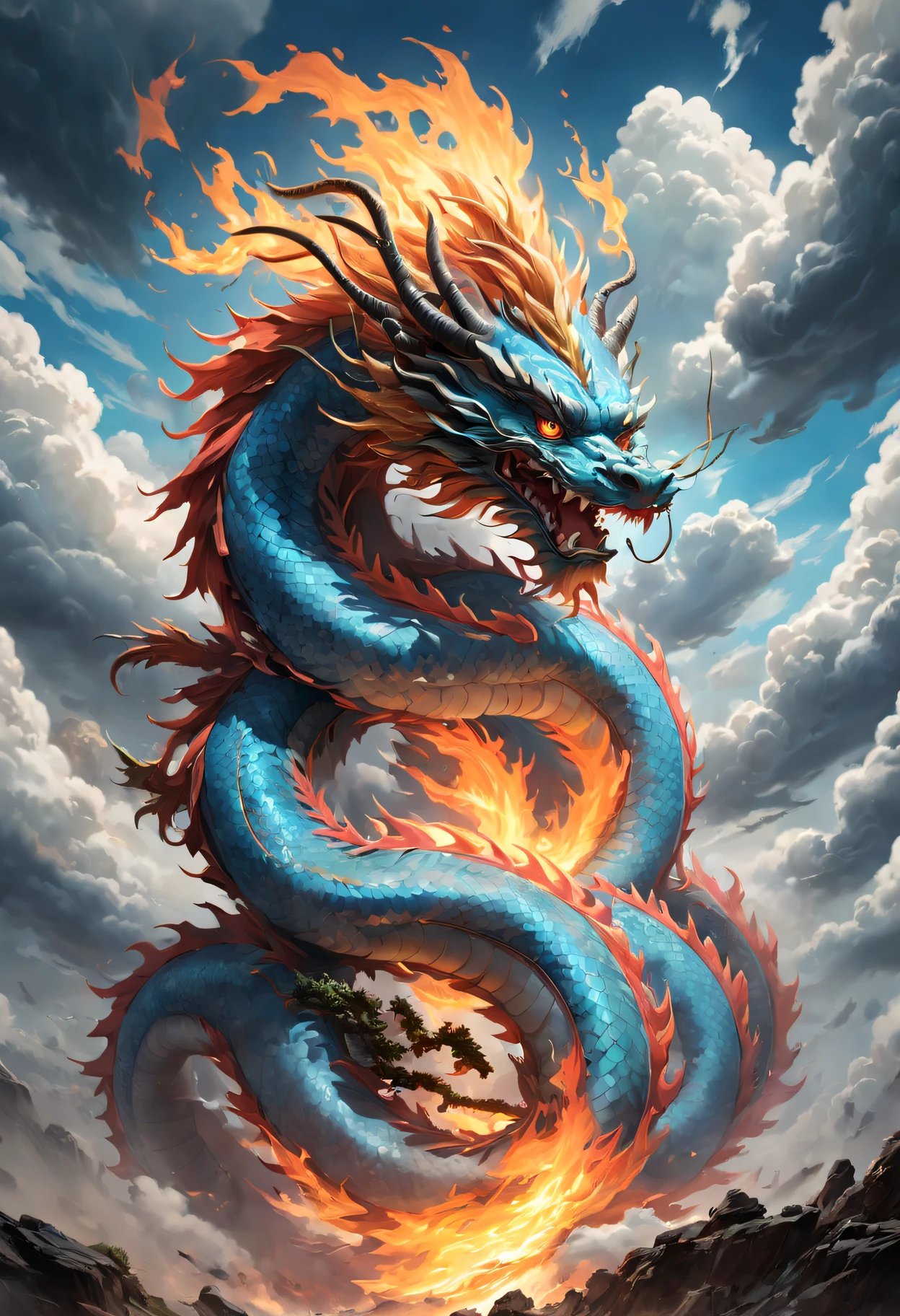 (The main subject: wide wide shot), The flame light blue,(chinesedragon), safe,dramatic clouds,(Go deep into the fields), Rich details, (Wide sky), (sense of vastness),Energy and vitality, Complicated details.(Best quality, A high resolution, tmasterpiece:1.2), (actual:1.37), HighDynamicRange。