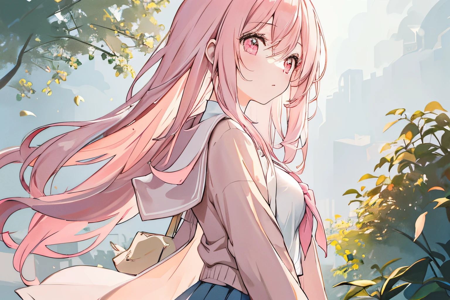 (Best Quality, Ultra Detailed), 1 girl, Cute little, pale pink hair, straight long hair, large breasts, pastel pink cardigan, White pleated skirt, pearl necklace, High School Campus, the trees,
BREAK natural light, (Backlighting):1.2, Warm tones, soft shadows, Glowing Highlights, cinematic feeling, ethereal effect, Contemplative atmosphere,