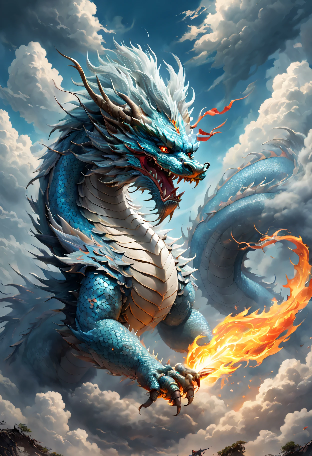 (The main subject: wide wide shot), The flame  light blue,(chinesedragon), safe,dramatic clouds,(Go deep into the fields), Rich details​, (Wide sky), (sense of vastness),Energy and vitality, Complicated details.(Best quality, A high resolution, tmasterpiece:1.2), (actual:1.37), HighDynamicRange。