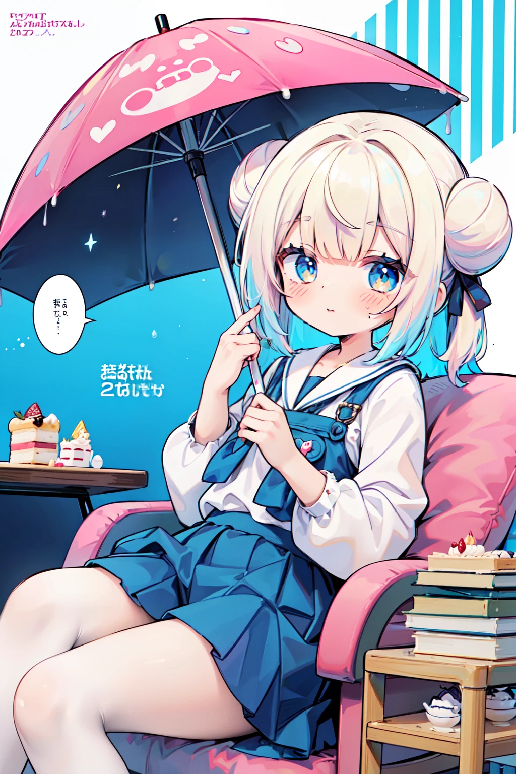 1girl in, ((comics))、(Several texts)、(Voice bubbles)、pastel dimmed colors,holding a pastel umbrella、Umbrellas、 (Color palette yellow:1.2, Blue:1.2, Pink:1.2), (Blue hair bun and blonde), Short fashionable skirt, Sitting on a throne of sweets and pastries, For example, doughnut, splash, candy, Lollipop, Lollipop cane, a cake, cupcake, Cake Pop, Ruffles and lace, polka dot, Long bat ears