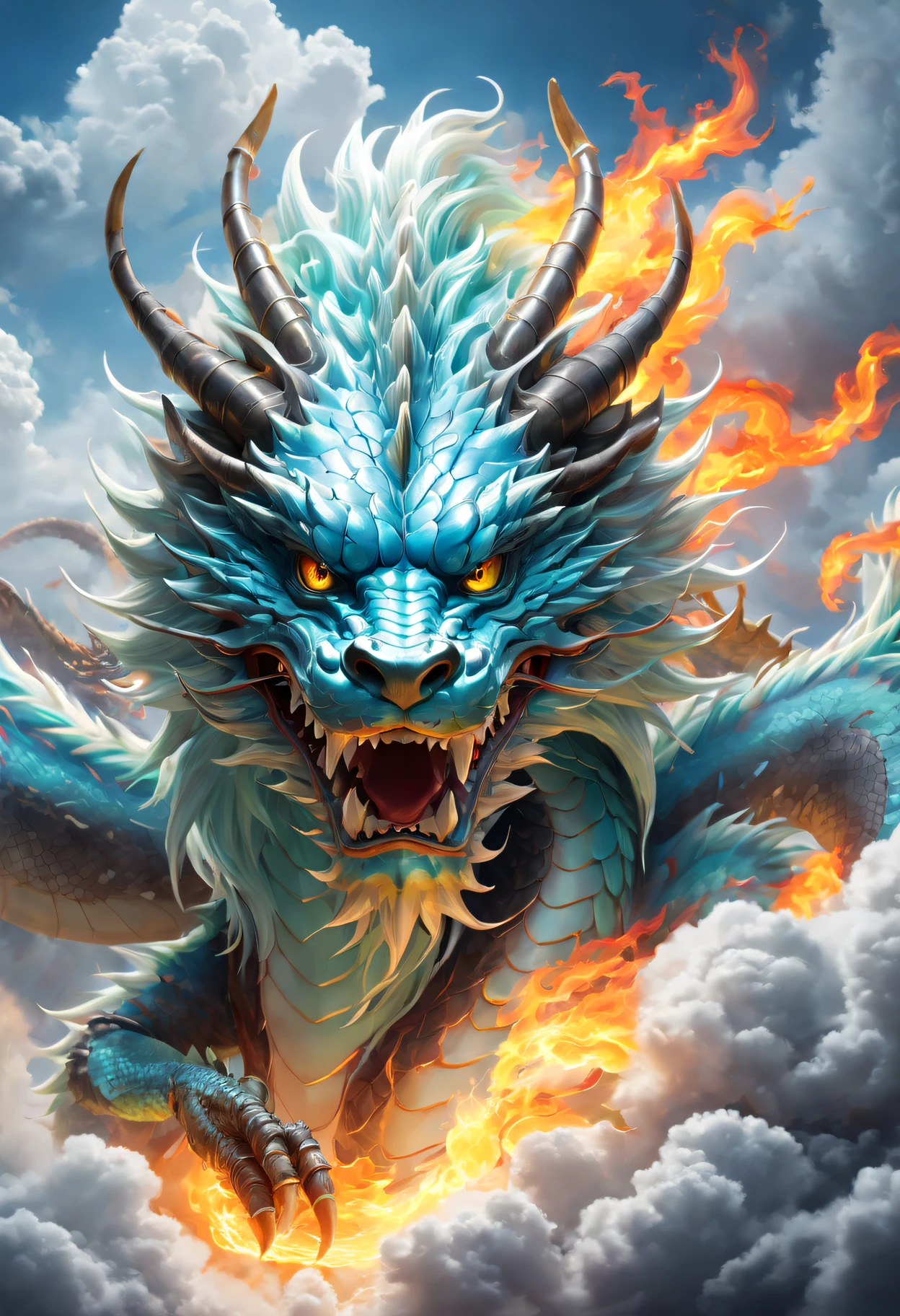 (The main subject: wide wide shot), The flame  light blue,[Multicolored,(Chinese dragon anthropomorphism)], safe,dramatic clouds,(Go deep into the fields), Rich details​, (Wide sky), (sense of vastness),Energy and vitality, Complicated details.(Best quality, A high resolution, tmasterpiece:1.2), (actual:1.37), HighDynamicRange。