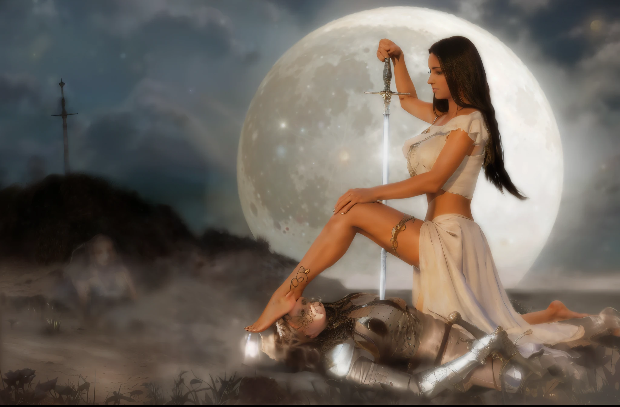 here is a woman sitting on a stone with a sword, based on Luis Royo, In the style of Luis Royo, of a beautiful female knight, Luis Royo style, fantasy woman, Fantasy!!!, sitting on the moon, fantasy photoshoot, beautiful female knight, [[Fantasy]], Fantasy, high quality fantasy stock photo, goddess of the hunt and the moon