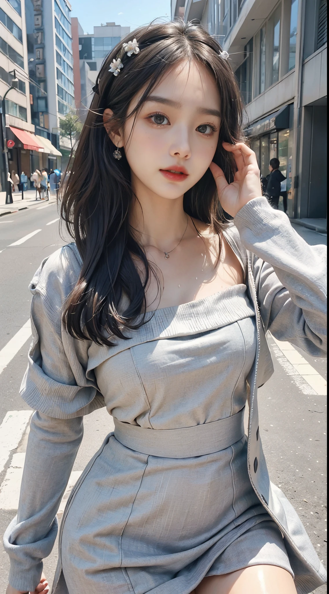 ((Best quality at best, 8K, tmasterpiece:1.3)), focal:1.2,Bust photo,upper legs,Ultra-realistic skin texture,Beautiful woman with perfect figure:1.4, hip cocked:1.2, ((Cut your hair into layers, ordinary:1.2)), , (Sateen, the street:1.3), Bandeau Dress:1.1, Highly Detailed Face and Skin Textur, 詳細な目, 二重まぶた,Whitening Skin,Long gray hair,(with a round face:1.5),Superskirt,lump,soaked pubic hair