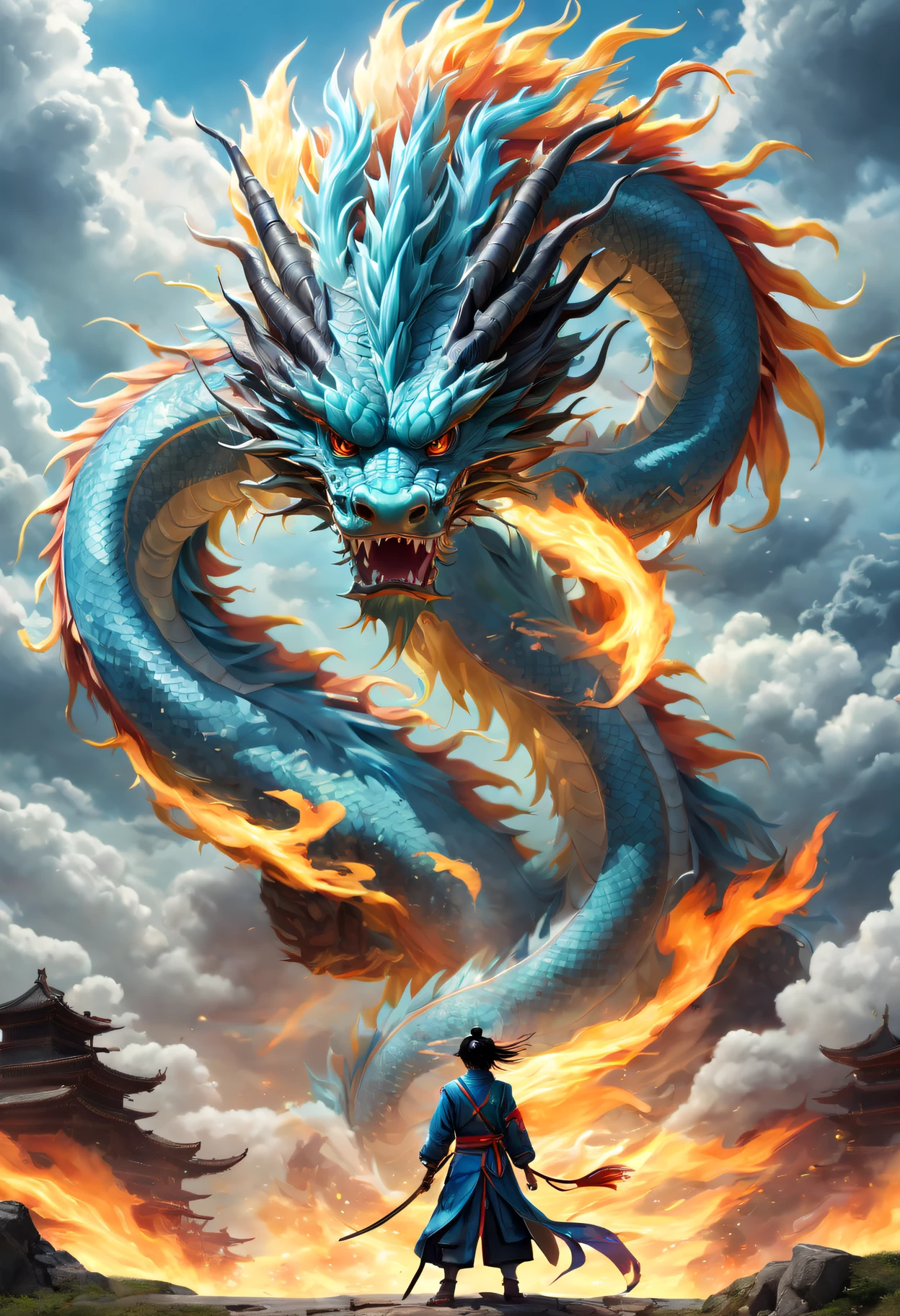 (The main subject: wide wide shot), The flame  light blue,[Multicolored,(Chinese dragon anthropomorphism)], safe,dramatic clouds,(Go deep into the fields), Rich details​, (Wide sky), (sense of vastness),Energy and vitality, Complicated details.(Best quality, A high resolution, tmasterpiece:1.2), (actual:1.37), HighDynamicRange。